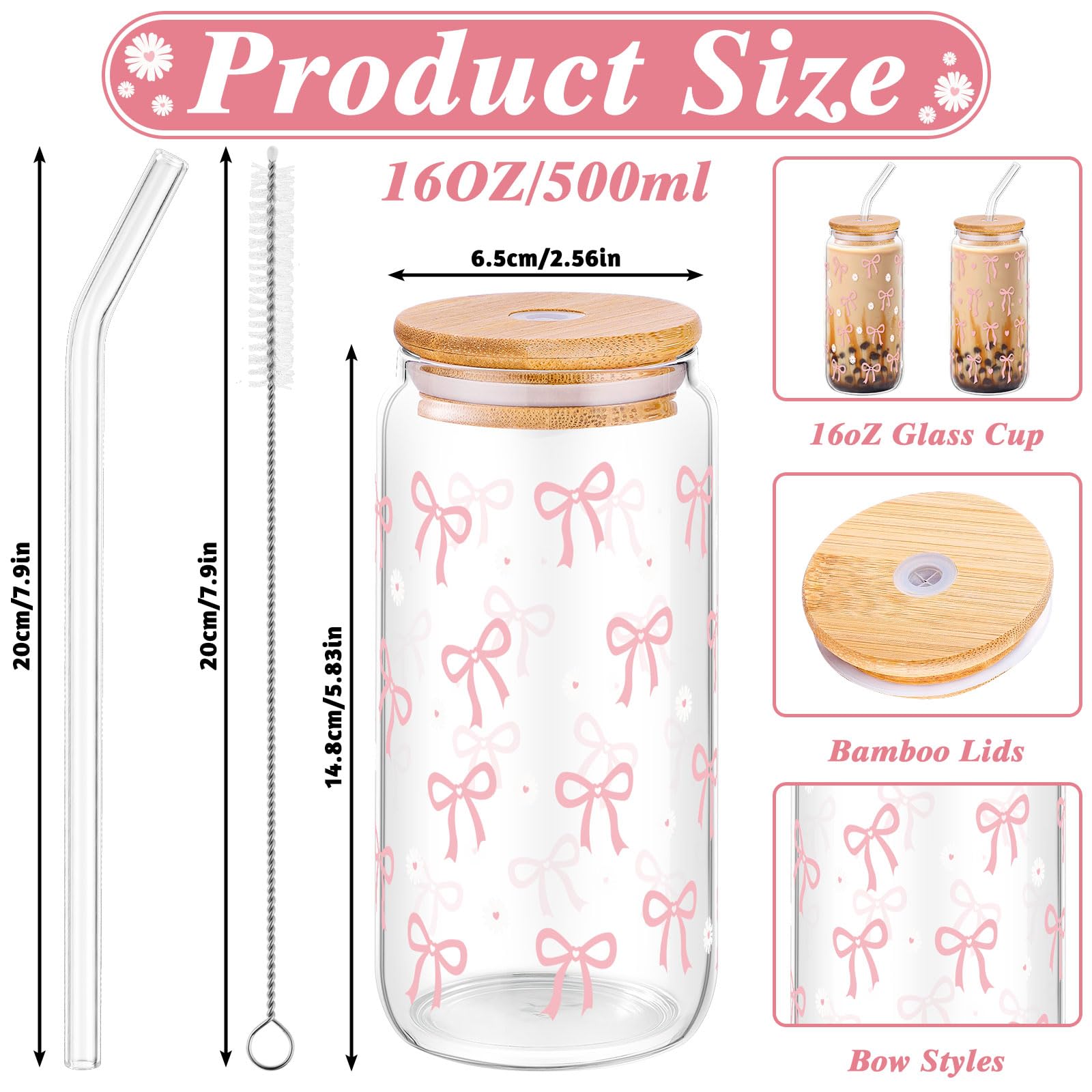 2 bicchieri da caffè ghiacciati estetici da 473,6 ml, bicchieri in vetro con coperchio, pennello e cannucce, bicchieri riutilizzabili per adolescenti, ragazze, donne, bambini, regali alla moda