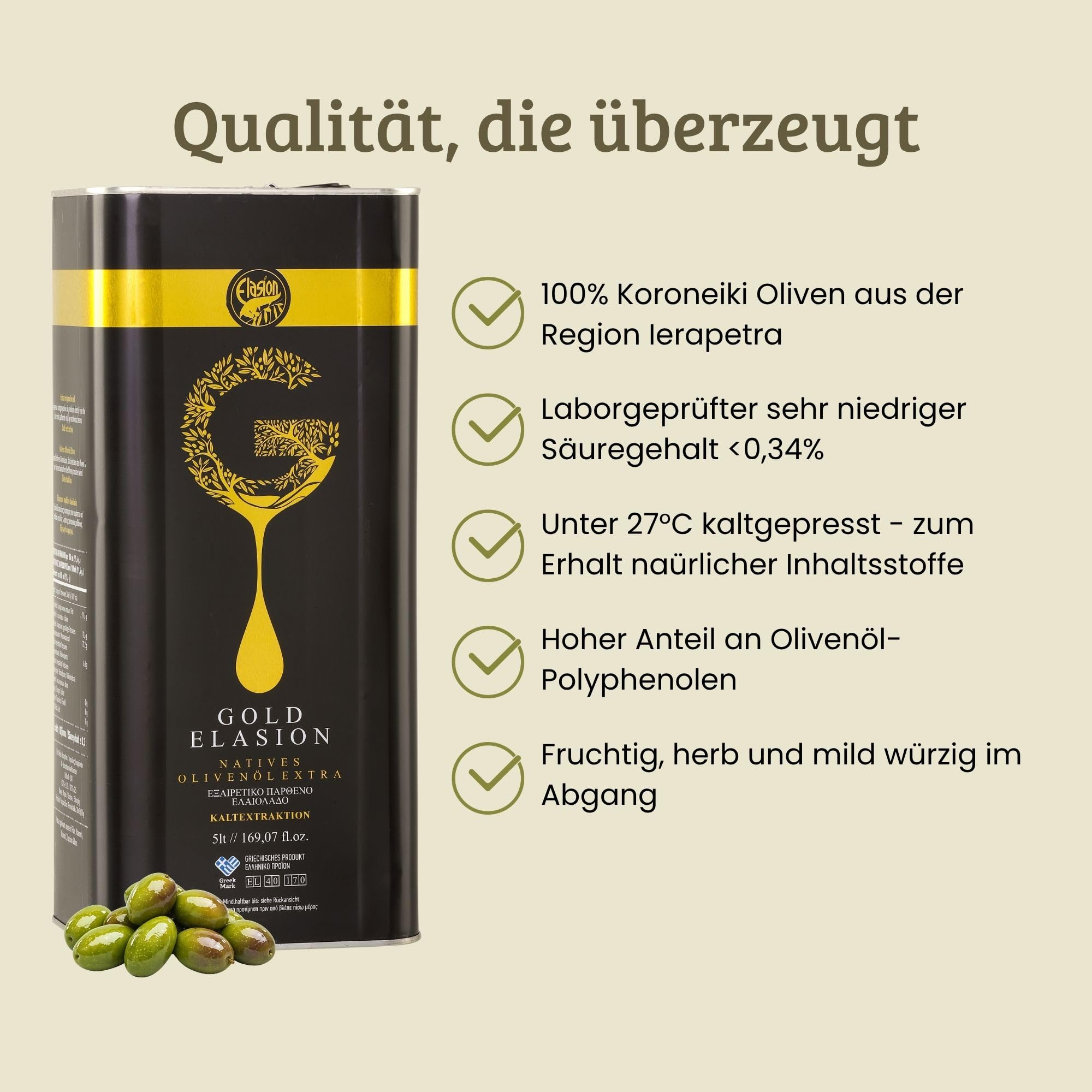 Elasion Gold 5 Liter | Griechische Olivenöl 0,3% aus Kreta | Extra nativ | Sortenrein | Kaltgepresst | Niedriger Säuregehalt