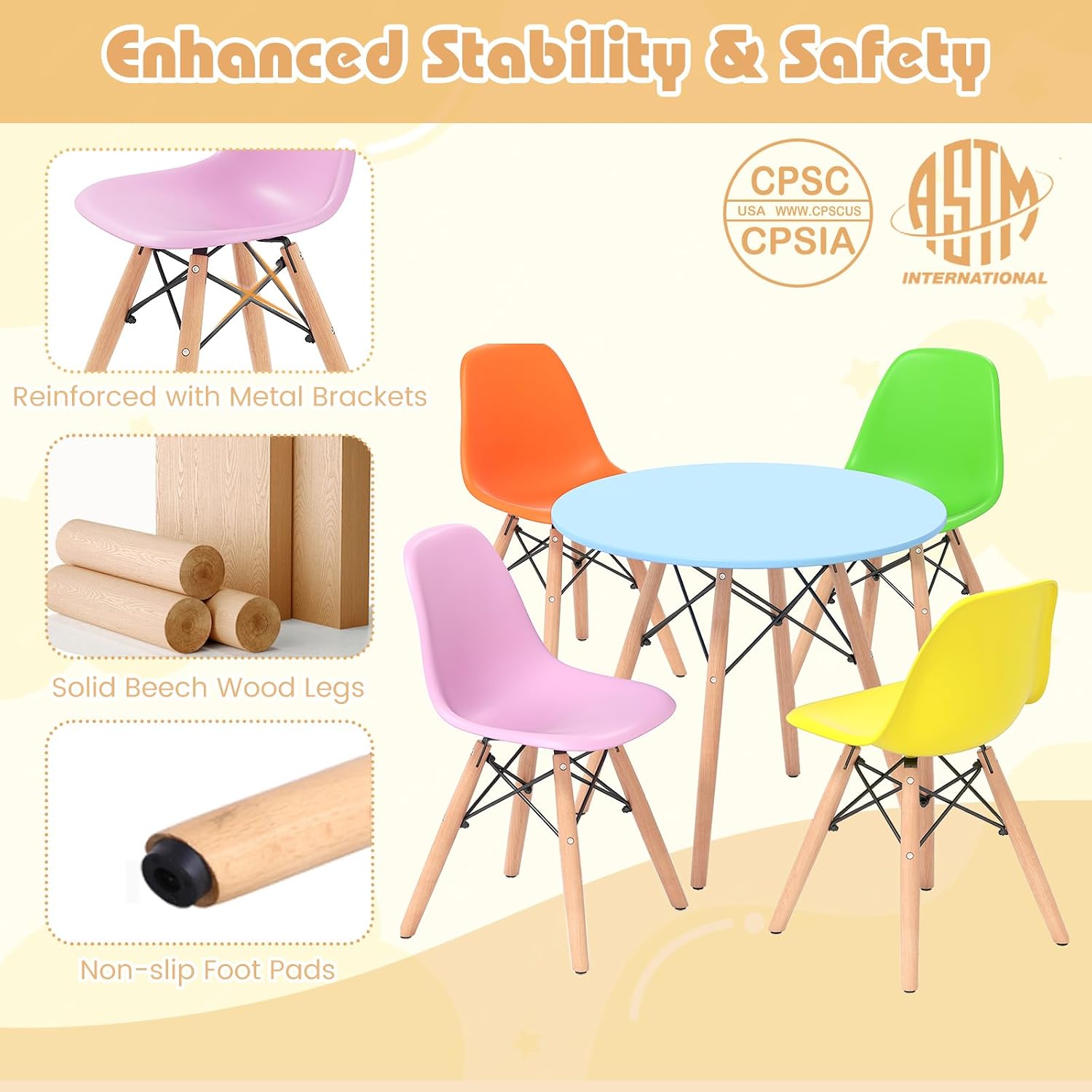 HONEY JOY Kids Table and Chairs, 5 PCS Mid-Century Modern Style Kids Activity Set w/Wood Legs, Metal Frame, for Dining Drawing Playing, Toddler Round Table and Chairs (Colorful, 4 Chairs & Table)