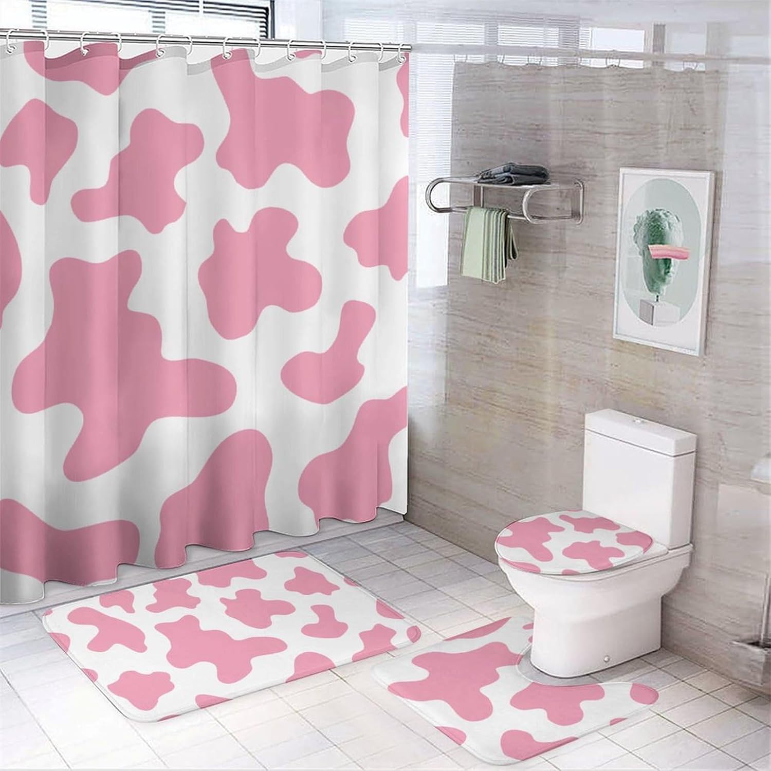 Cute Cow Print Pink Anti Slip and Waterproof Bathroom Four Piece Set, Fashionable Four Piece Set