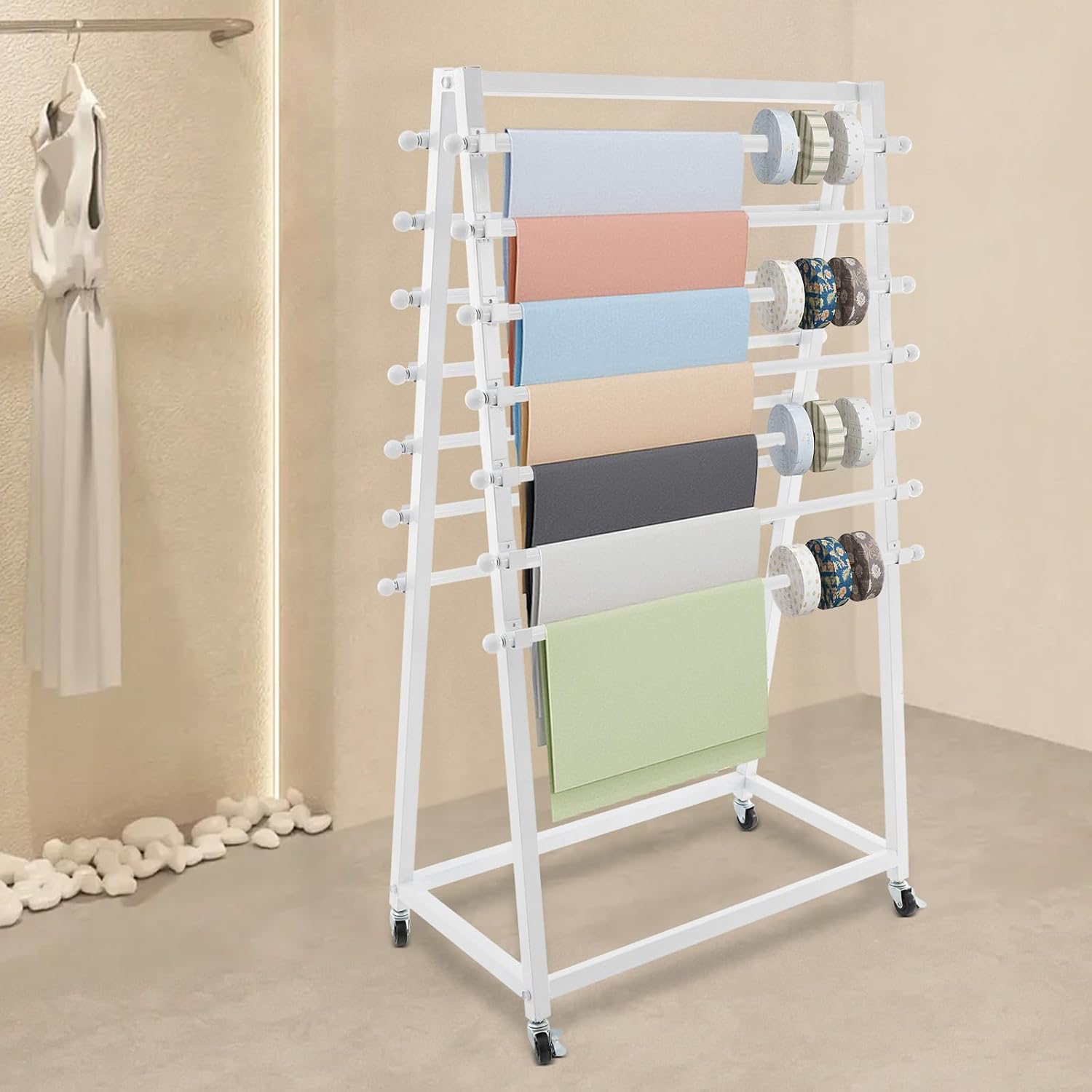 Ribbon Holder Organizer Rack with Wheels, 15 Tier Double-Sided Scarf Rack, Movable Scarf Towel Holder, Gift Wrapping Craft Metal Ribbon Storage Shelf for Craft Room Flower Store Cake Shop, White
