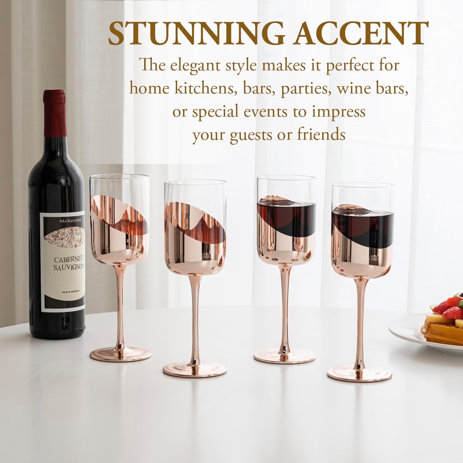 MyGift 14 oz Wine Glasses, Modern Copper Tone Plated Round Stemmed Glass Goblets, Cylindrical Drinking Glasses with Angled Dipped Mirror Finish, Stemware Set of 4 - Image 3