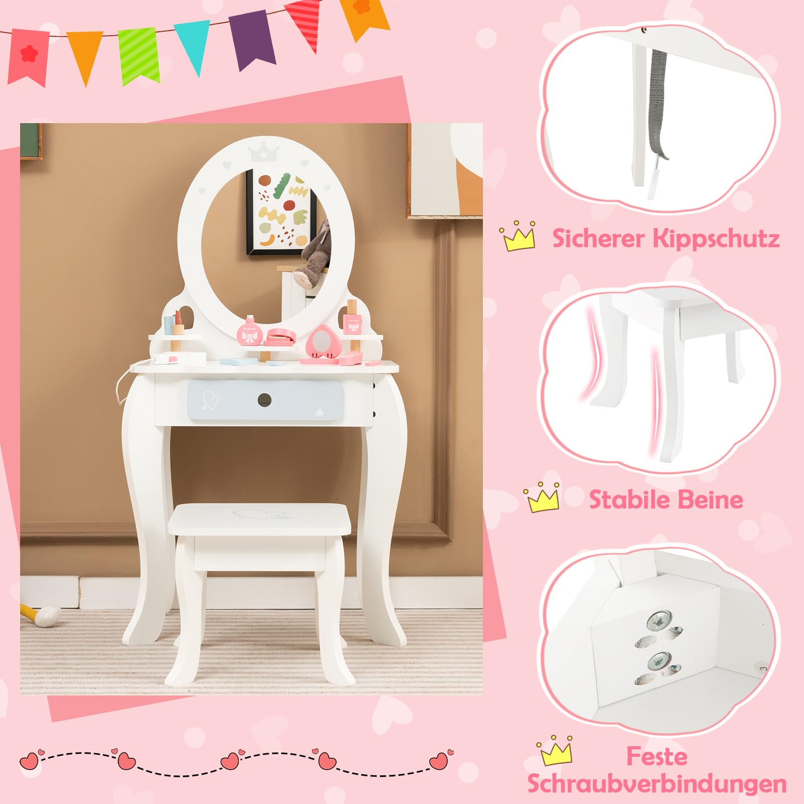 DREAMADE 2 in 1 Kinder Schminktisch mit 10 TLG. Spielzubehör und Hocker, Prinzessin Frisiertisch mit Schublade & 3 Ablagen, Kinderschminktisch aus Holz für Mädchen ab 3 Jahren, weiß