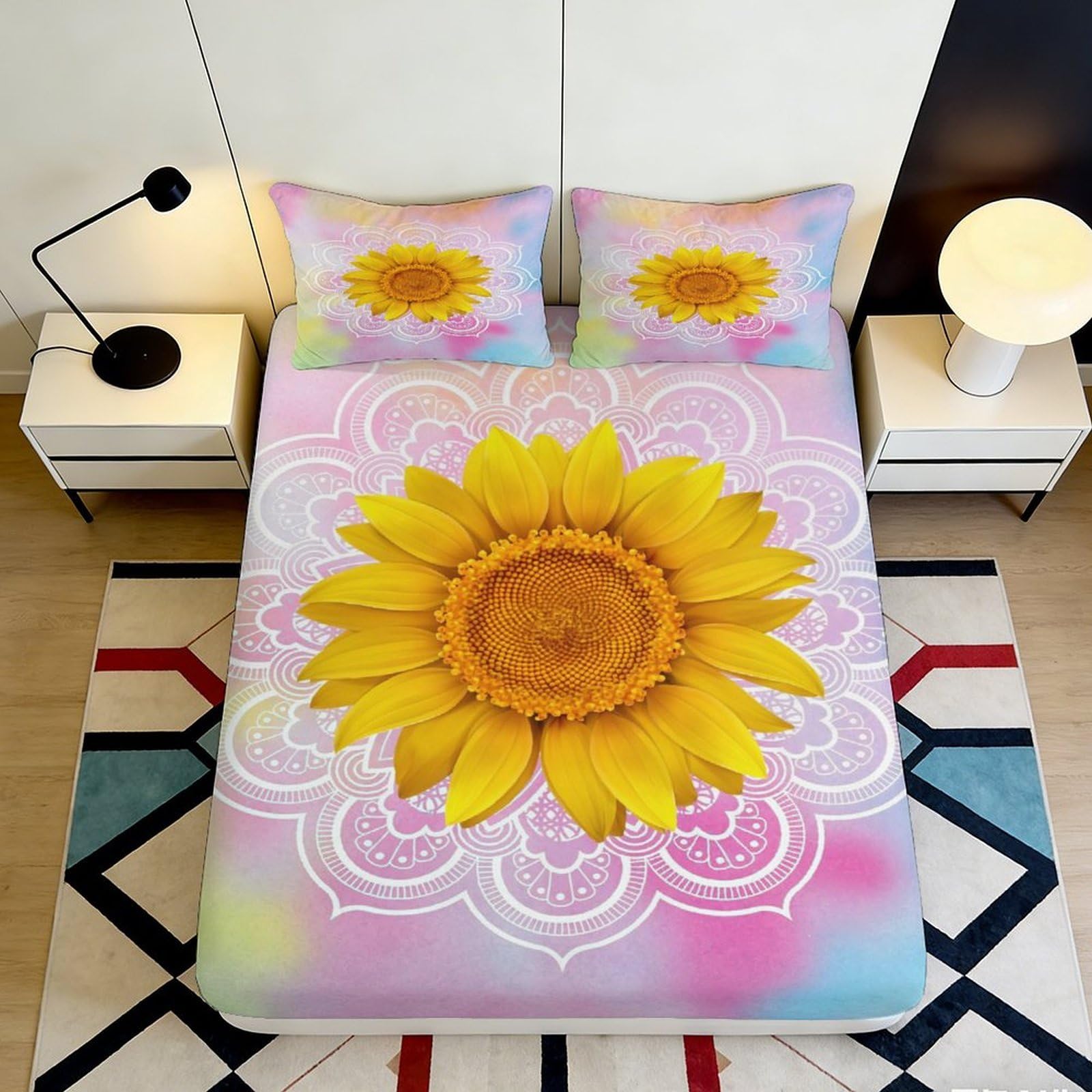3D Printed Sunflower Fitted Sheet Microfiber Soft Breathable Mandala Bed Cover for Bedroom Dormitory Guest Room Mattress Protection Decor 140x200x25cm