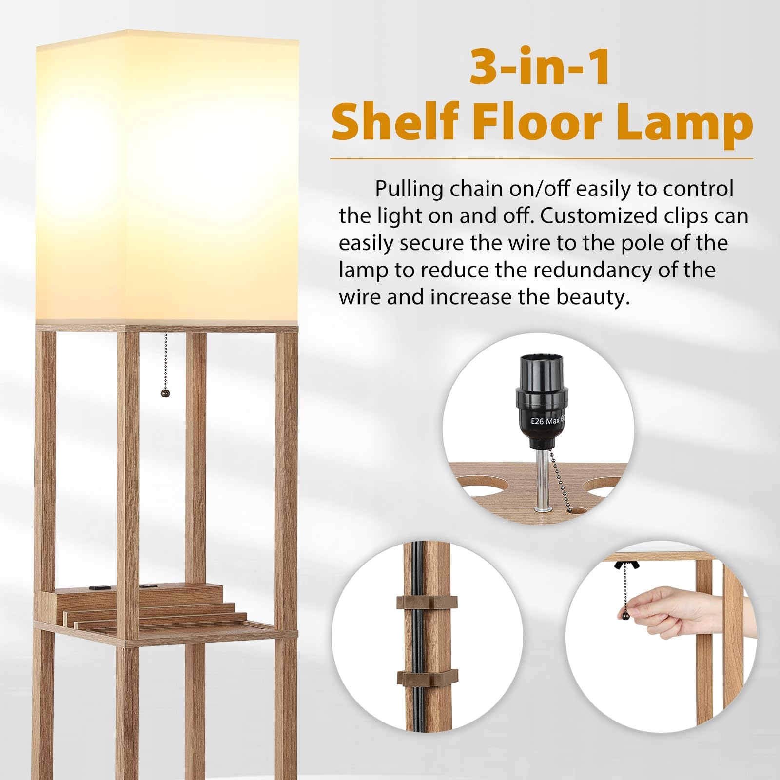 Lampa stojąca 3 w 1 z półką i stacją ładującą, gniazdem USB typu C i AC, 3-poziomowa lampa stojąca z oświetleniem LED do sypialni, salonu, biura, nowoczesna, wysoka lampa podłogowa (63”)