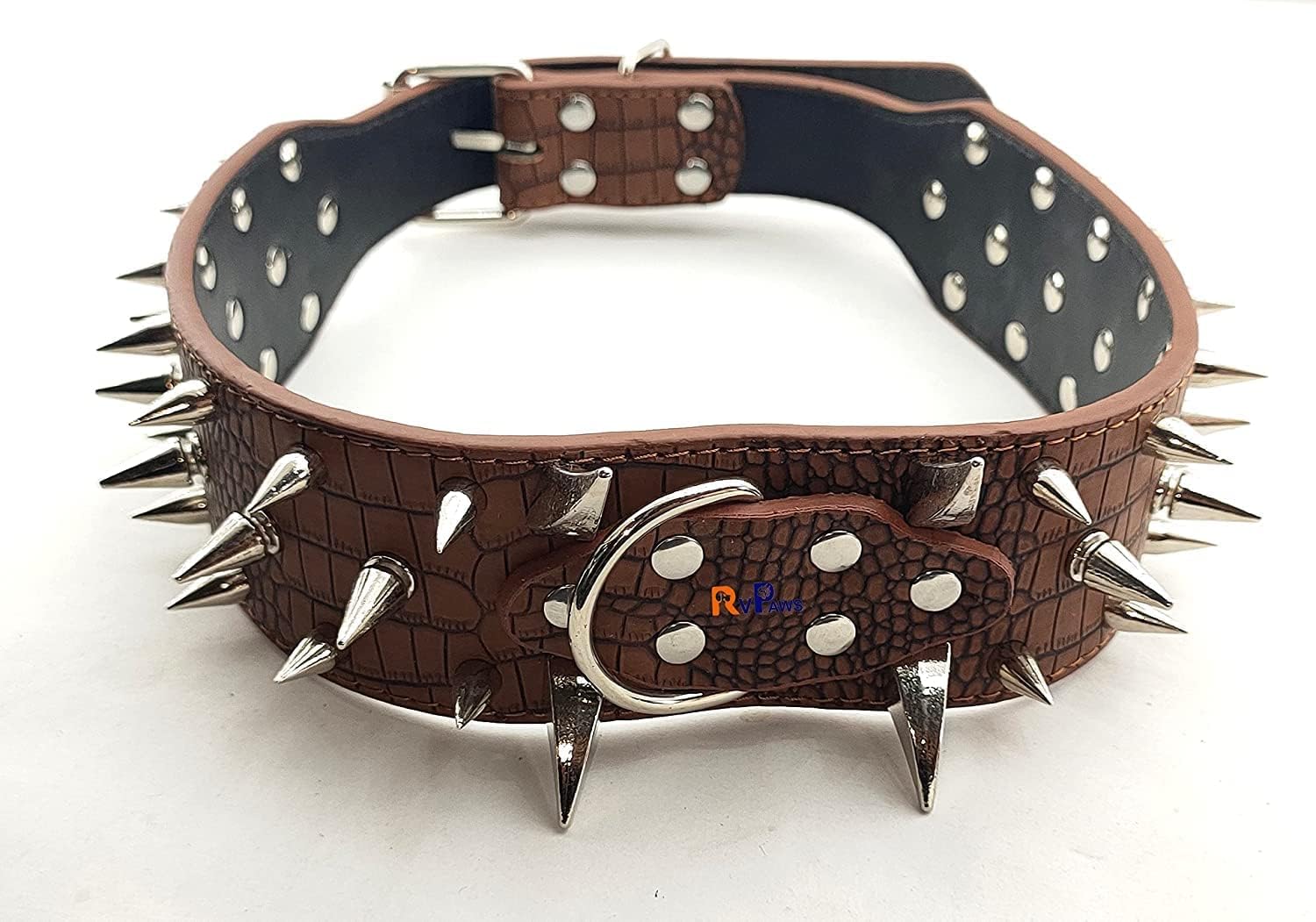 Adjustable Spiked Leather Collar | Stainless-Steel Sharp Collar with D-Ring | Triple Line Spike Neck Collar Belt for Small Dogs and Puppies (Brown), 71 x 5 cm