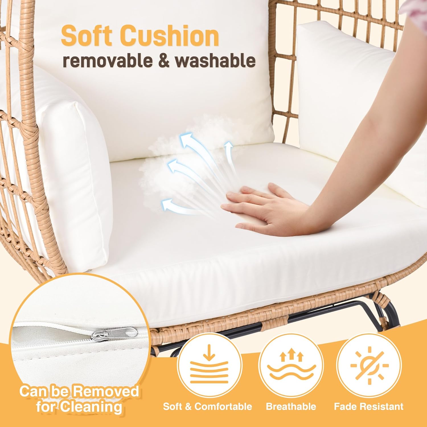 Outdoor Egg Chair, PE Wicker Chair 440 lbs Capacity, Patio Chairs with 4 Thicken Cushions, Oversized Lounge Chairs with Durable Steel Frame Perfect for Balcony, Backyard, Bedroom-Ivory