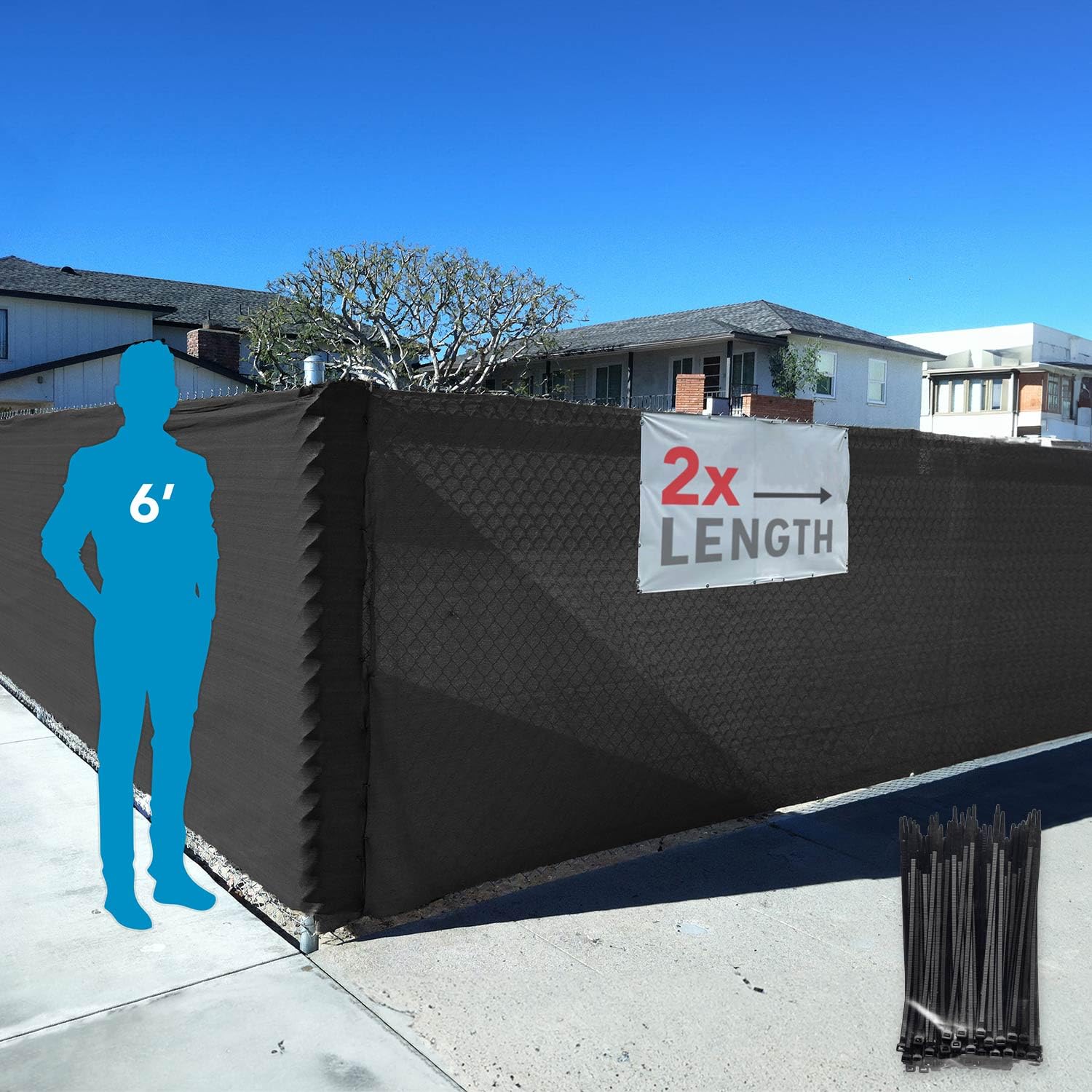 FenceScreen6ft x 100ft Black Fence Privacy Screen Raw - 85% Blockage Windscreen for Temporary Fence with 100 Fence Fasteners Included