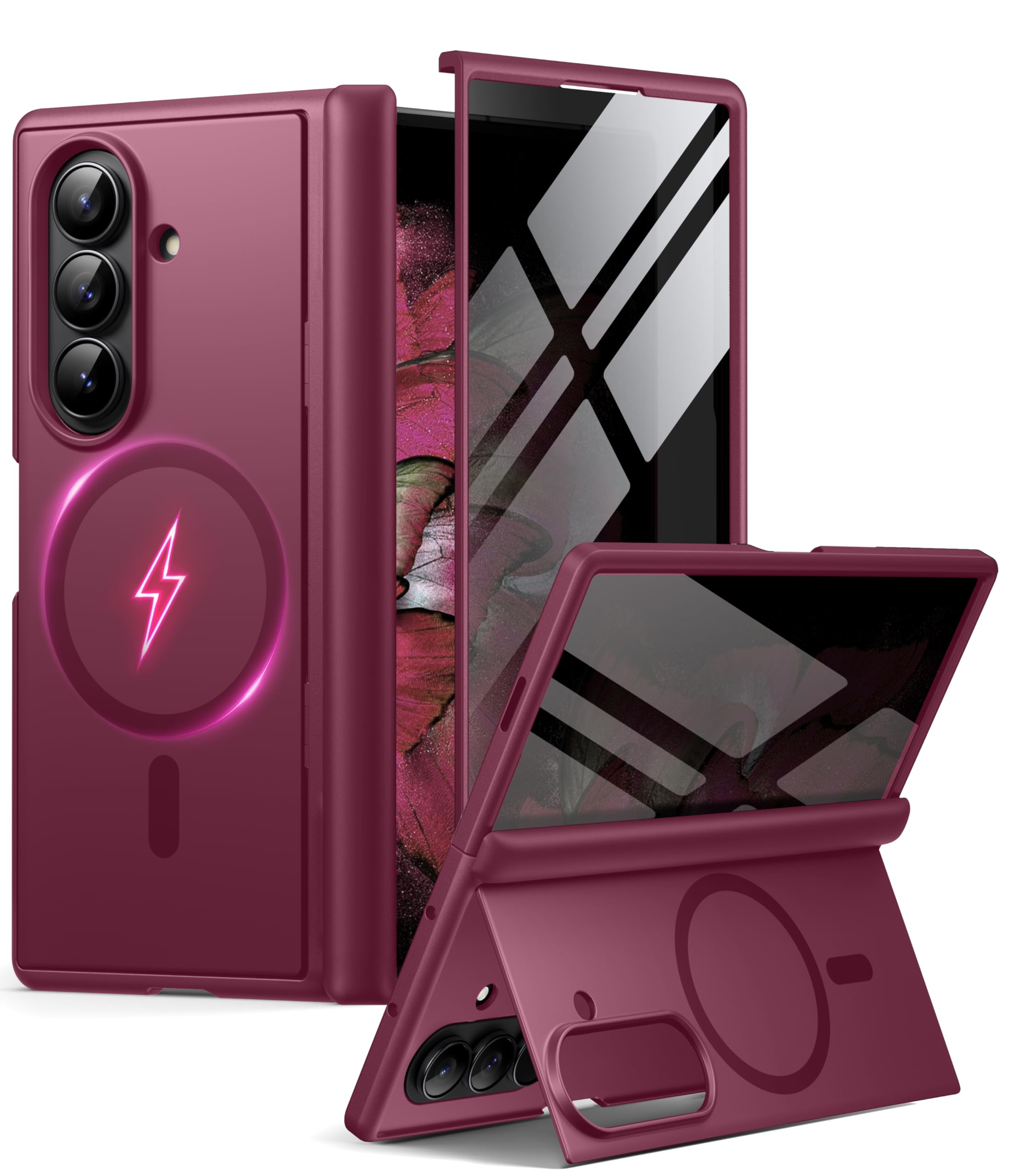 BERFY Hülle für Galaxy Z Fold 7 mit Datenschutz Displayschutz,rot | Kompatibel mit MagSafe, versteckter Ständer, Scharnierschutz in Militärqualität, stoßfest, magnetisch, schlanke Handyhülle
