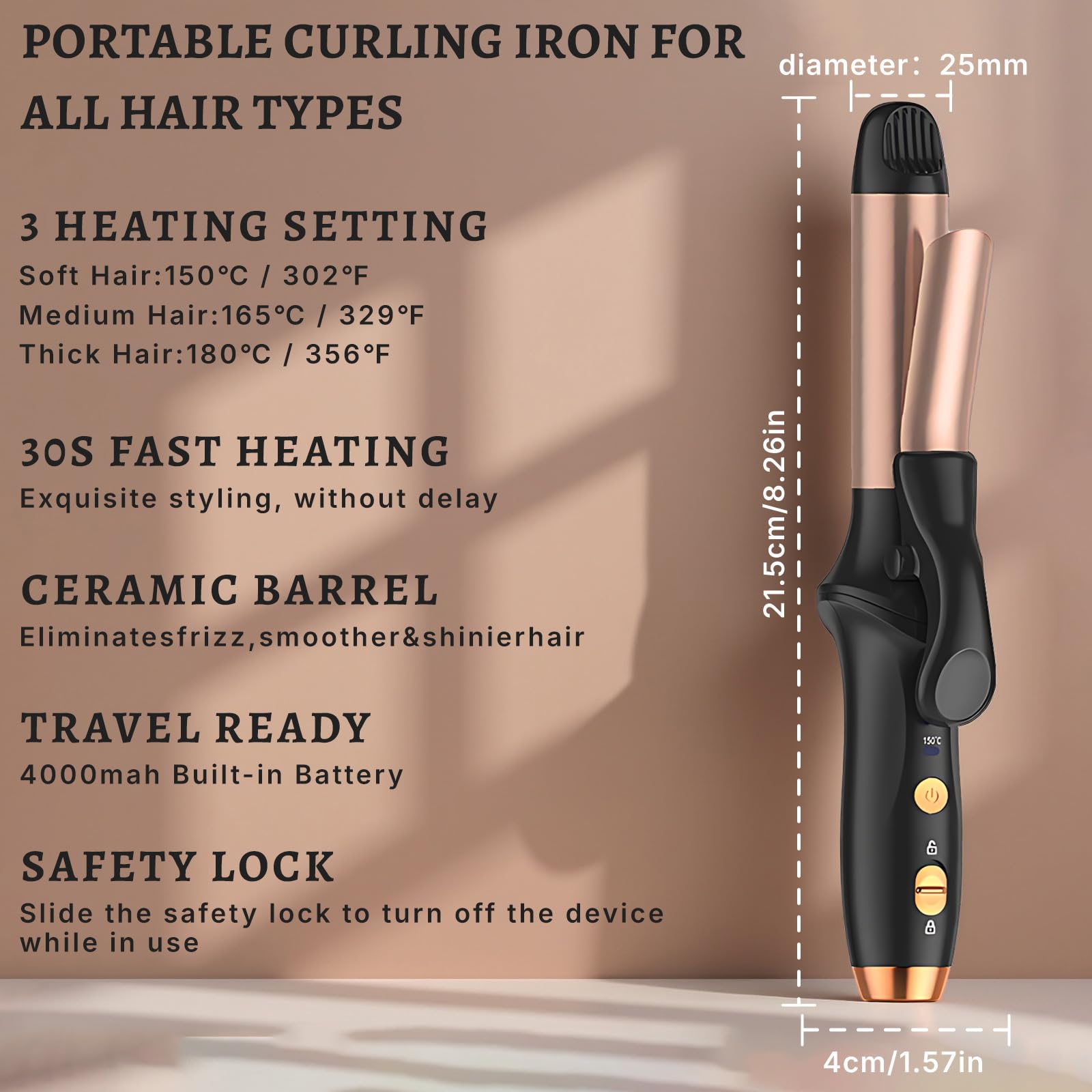 Rizador de pelo inalámbrico de 25 mm para ondas y rizos naturales, varita rizadora inalámbrica de cerámica con 3 velocidades de temperatura, mini rizadores de viaje de 4000 mAh con bolsa de