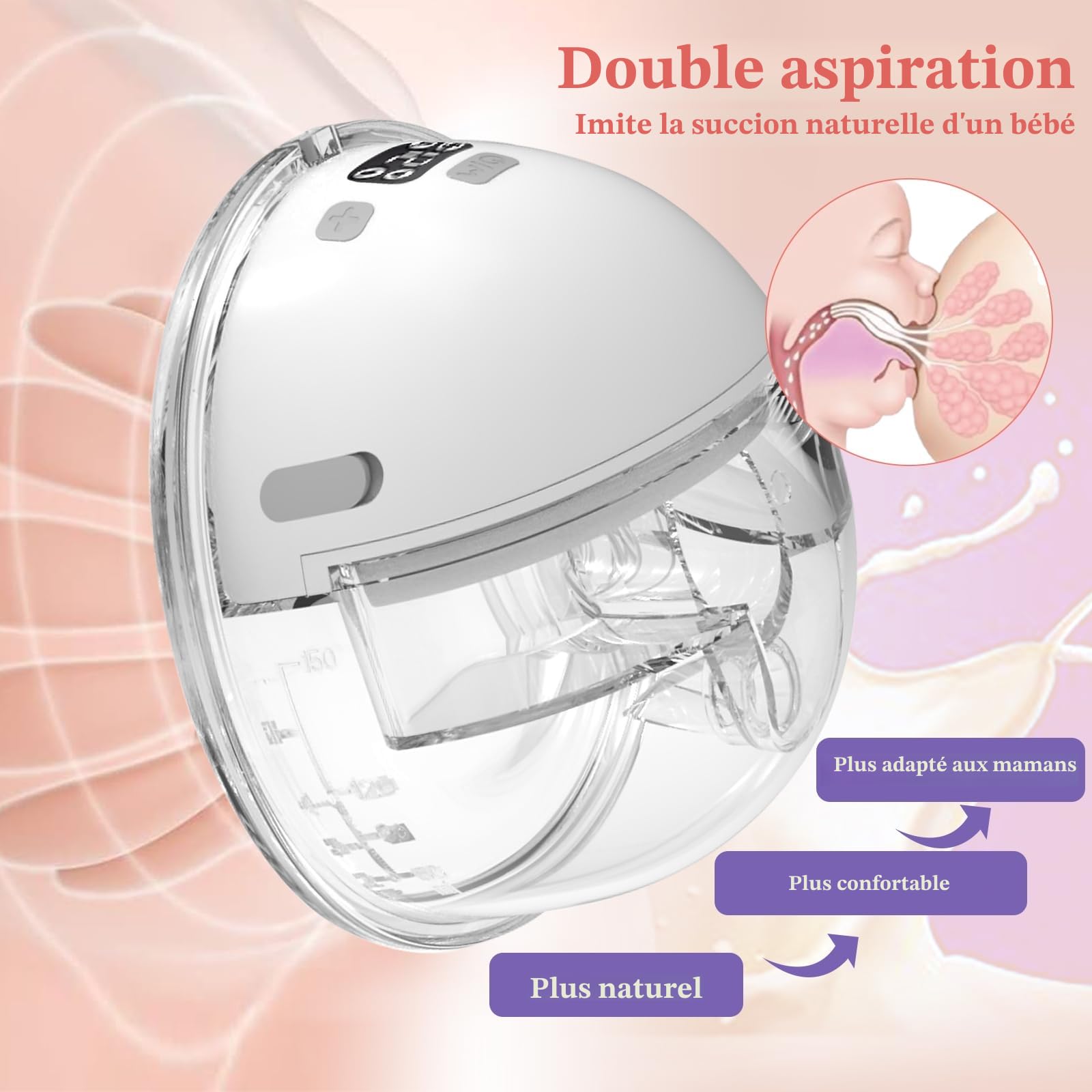 Tire Lait Electrique avec 4 Modes, 2 Tire Lait Portable, Breast Pump Electric Main Libre avec 2 Boucles de Réglage de Soutien-Gorge et Bride de 17/19/21mm, Faible Bruit, avec Écran Led, Blanc