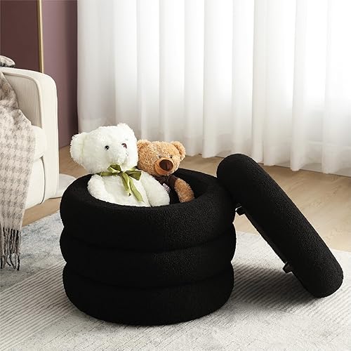 Miniatura 12 de ONEVOG Otomana redonda de almacenamiento, mesa otomana pequeña de 20 pulgadas con tapa extraíble, taburetes de tela de lino suave para sofá, asiento