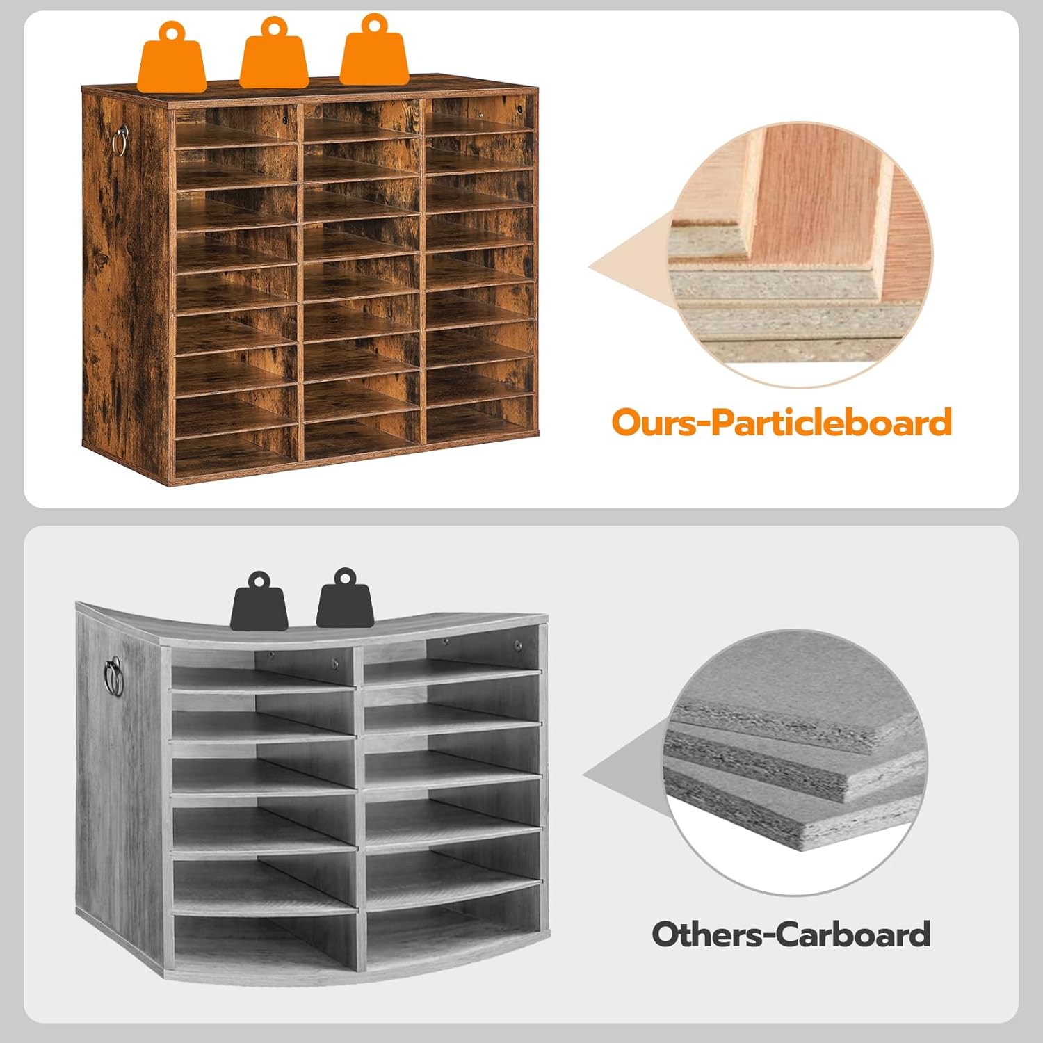 Diagram comparing the HOOBRO Literature Organizer made of particleboard with another organizer made of cardboard, highlighting the durability of particleboard.
