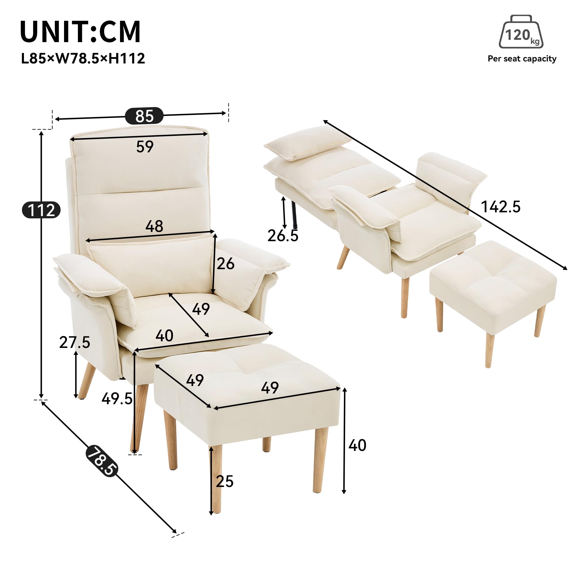 BTM Relaxsessel mit Hocker 5-Fach Verstellbarer Sessel Wohnzimmer Lesesessel mit Kopfstütze, Armlehnenkissen Beige