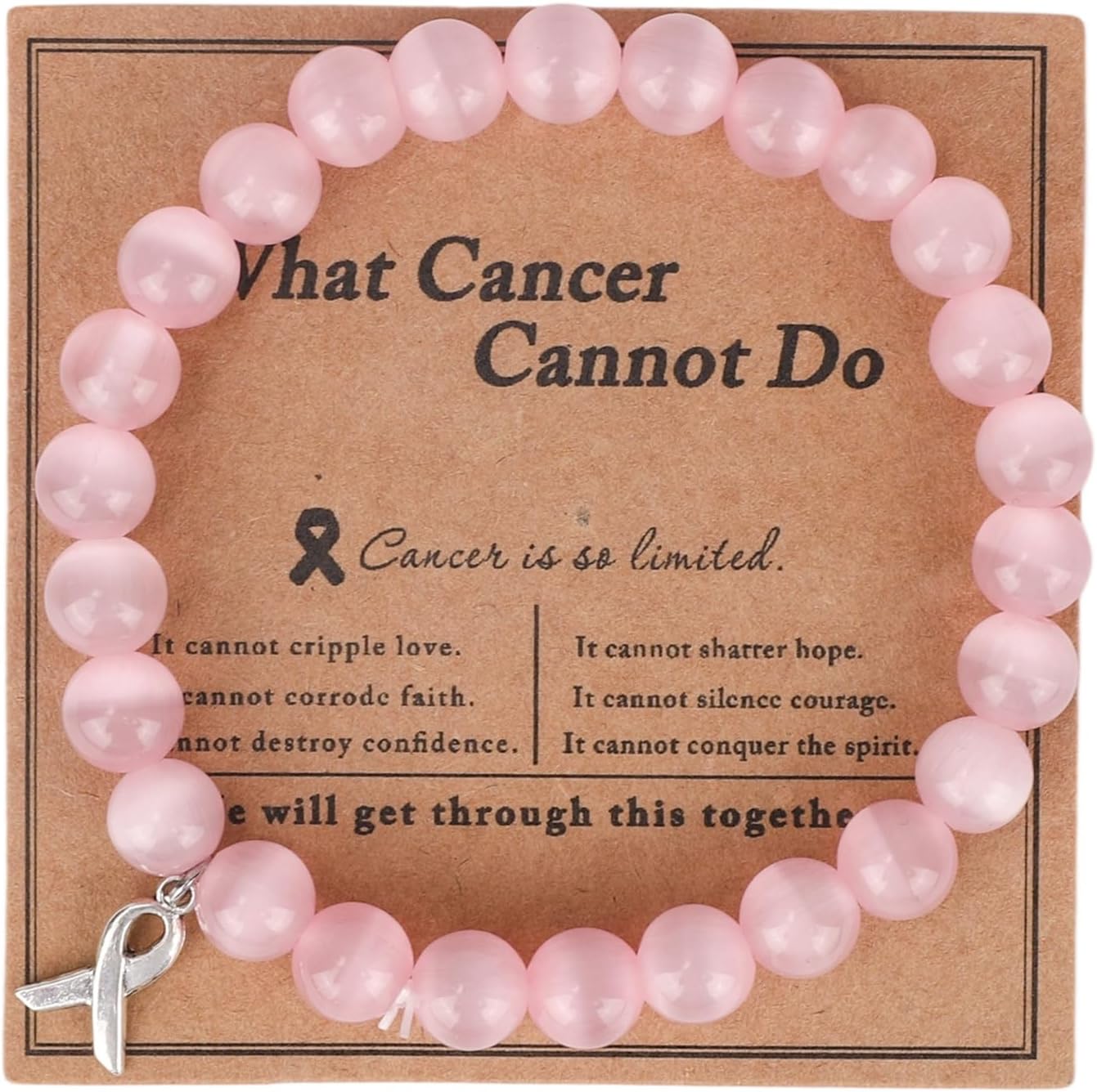 Pink Crystal Bracelet, Rose Quartz Bead Jewelry Inspirational Handmade Elastic Bracelet with Encouragement Card for Women & Men Gifts