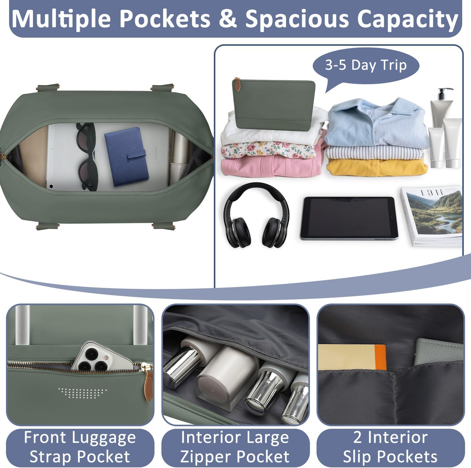 Travel Duffle Bag for Women, Weekender Bags, Hospital Bag for Labor Delivery, Lightweight Tote Duffel Overnight Bag with Luggage Sleeve,Airplane Travel Bags (Army Green, Large) - Image 3