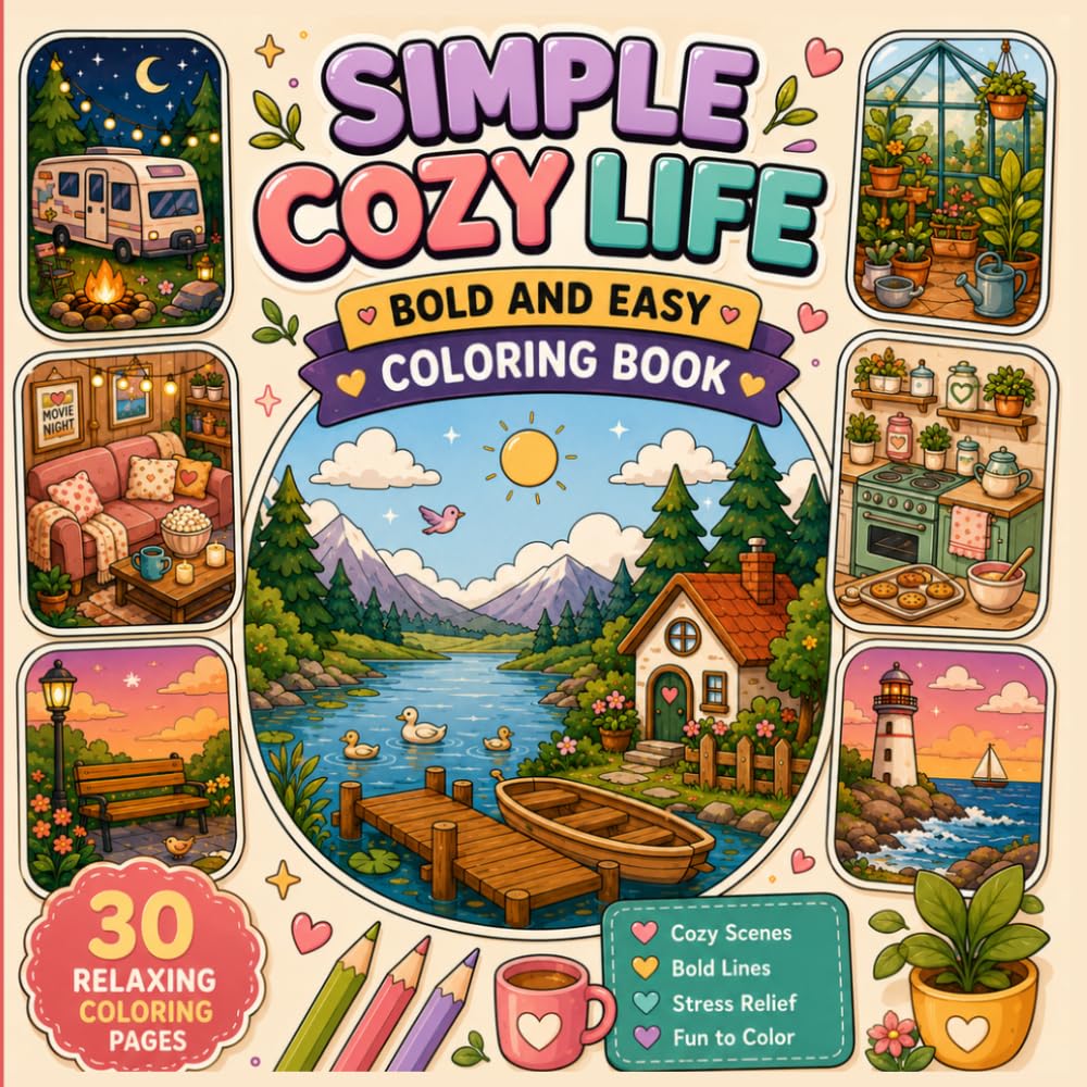 Simple Cozy Life: Bold and Easy Cozy Coloring Book for Relaxation . Bold & Easy Coloring .