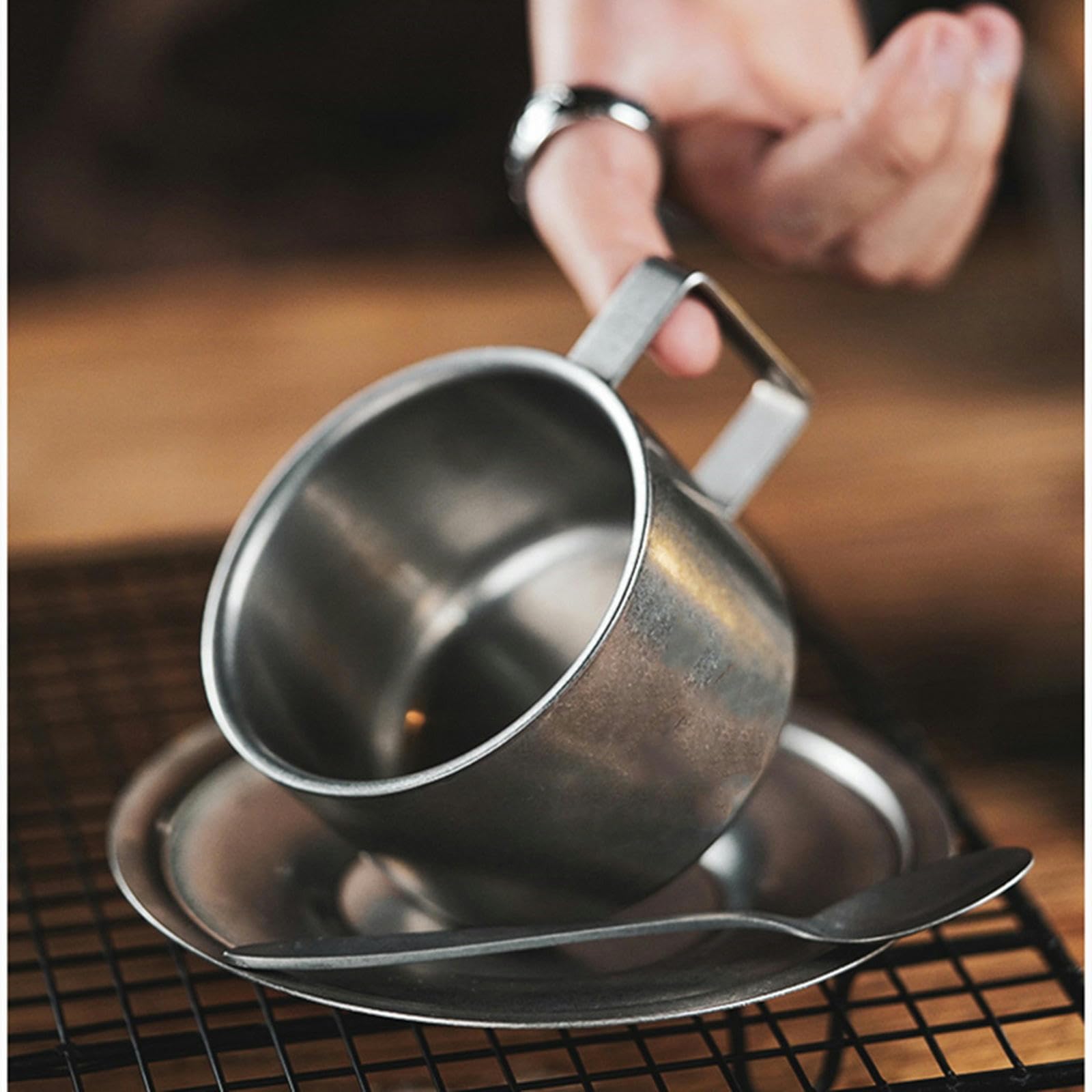 MdybF Edelstahlbecher Retro -Serie Kaffeetasse Set Doppelwand 304 Edelstahl Mit Kaffeelöffel Kaffeescheibe Frosted Industrial Style Tea Tasse Set