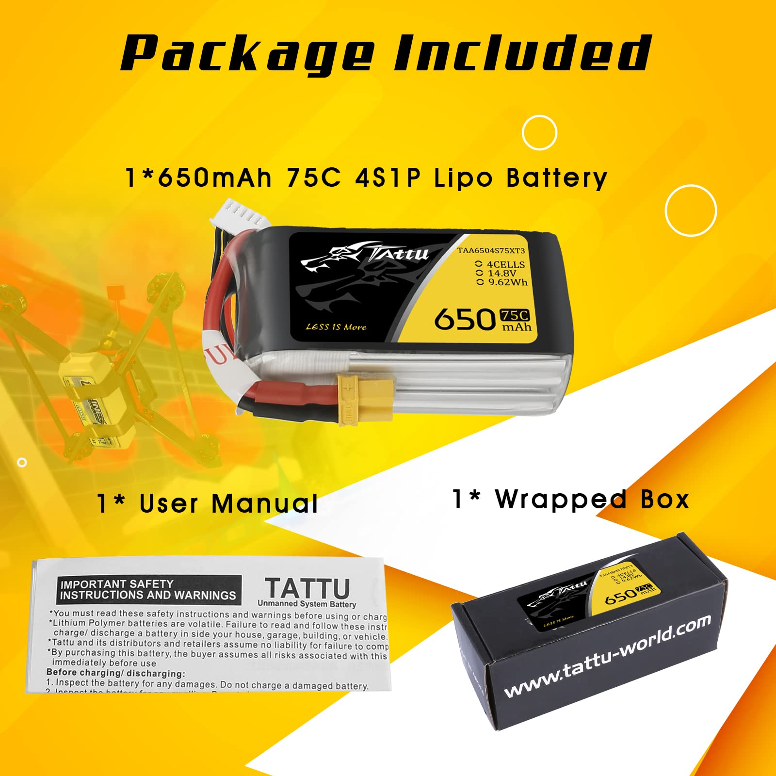 TATTU 4S lipo 650 mAh 4S1P 75C 14.8V Lipo Pack akumulator z wtyczką XT30 do drona UAV RC Quadrocopter Multirotor FPV 150 rozmiar