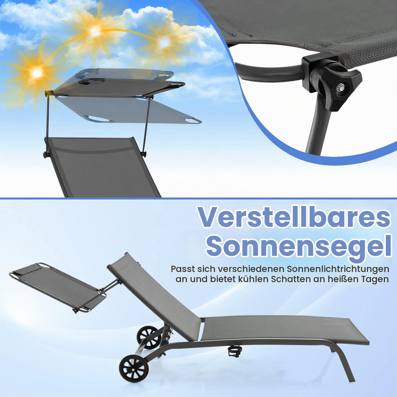 GIANTEX Sonnenliege, Gartenliege mit Rollen & Getränkehalter, Liegestuhl mit 6-Fach Verstellbarer Rückenlehne, belastbar bis 150kg, 191 x 61 cm (mit Sonnendach, Grau)