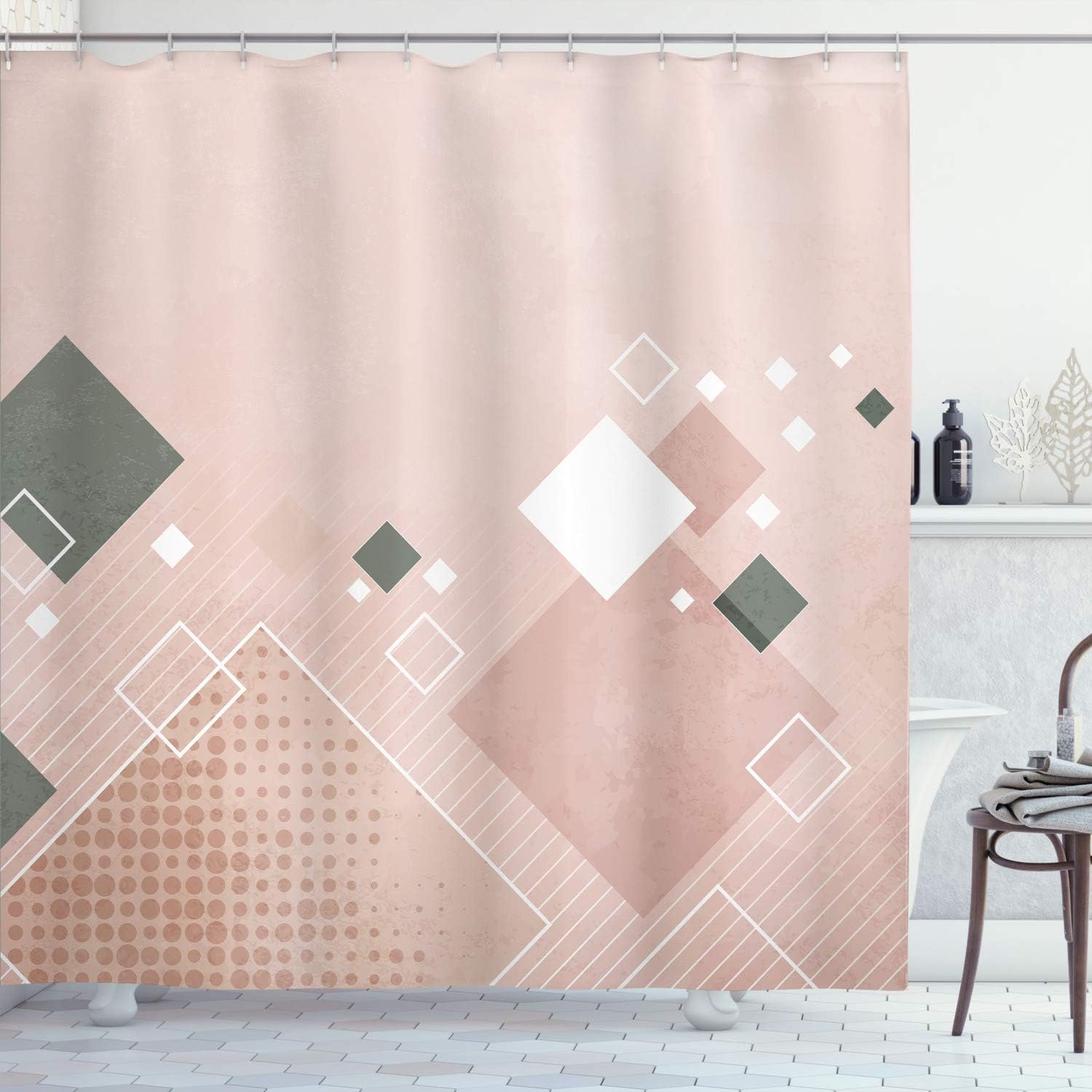 Ambesonne Abstract Shower Curtain, Geometric Composition Different Colored Squares Striped Dotted Rhombus, Cloth Fabric Bathroom Decor Set with Hooks, 75" Long, Pale Salmon