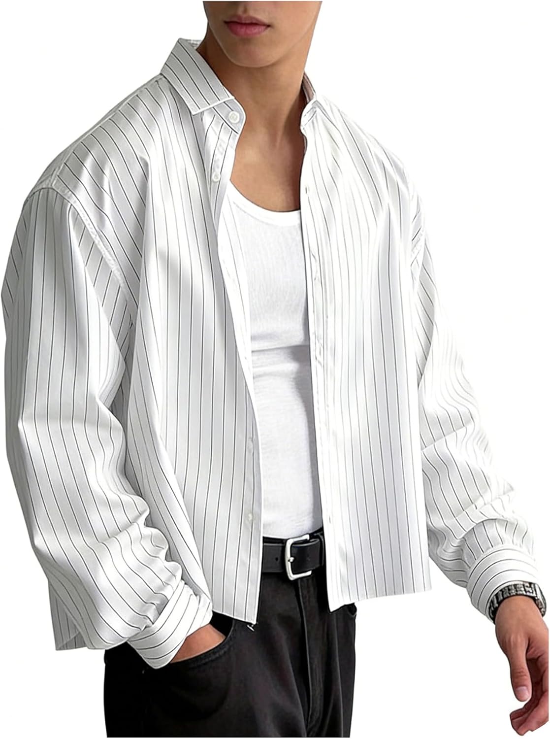 GORGLITTER Men's Cropped Button Down Shirts Striped Long Sleeve Oversized Casual Shirt Hip Hop Streetwear