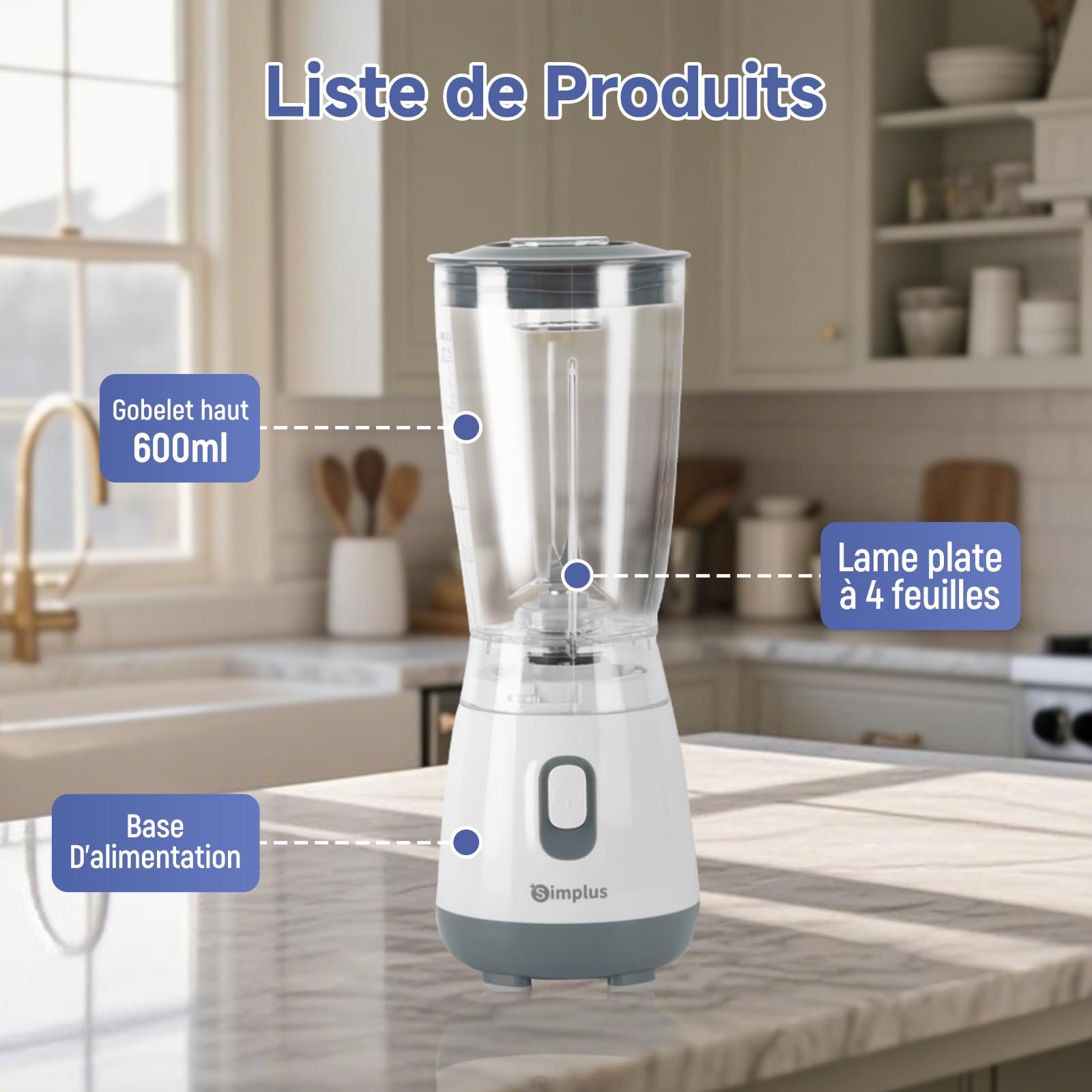 SIMPLUS Blender Mixeur, 600ml Mini Blender, Blinder Mixeur avec 4 Lames Acier Inoxydable, 23000RPM, Extracteur de Jus Électrique pour Fruits, Shake, Smoothie et Aliments pour Bébés, Sans BPA, Blanc