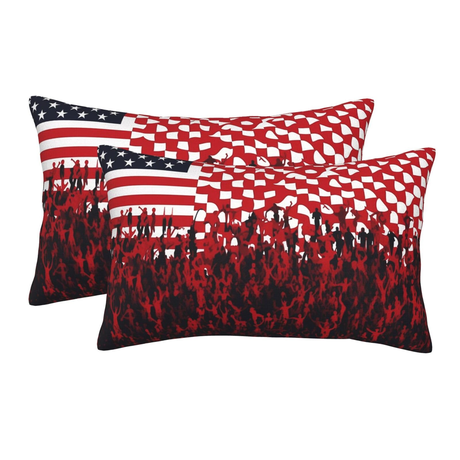 2 Pack Standard Size Pillow Cases for Hair and Skin Soft Breathable Pillow Case Covers with Hidden Zipper Flag and Crowd Pillowcase 20"x30" Pillow Cover for Sleeping Gift