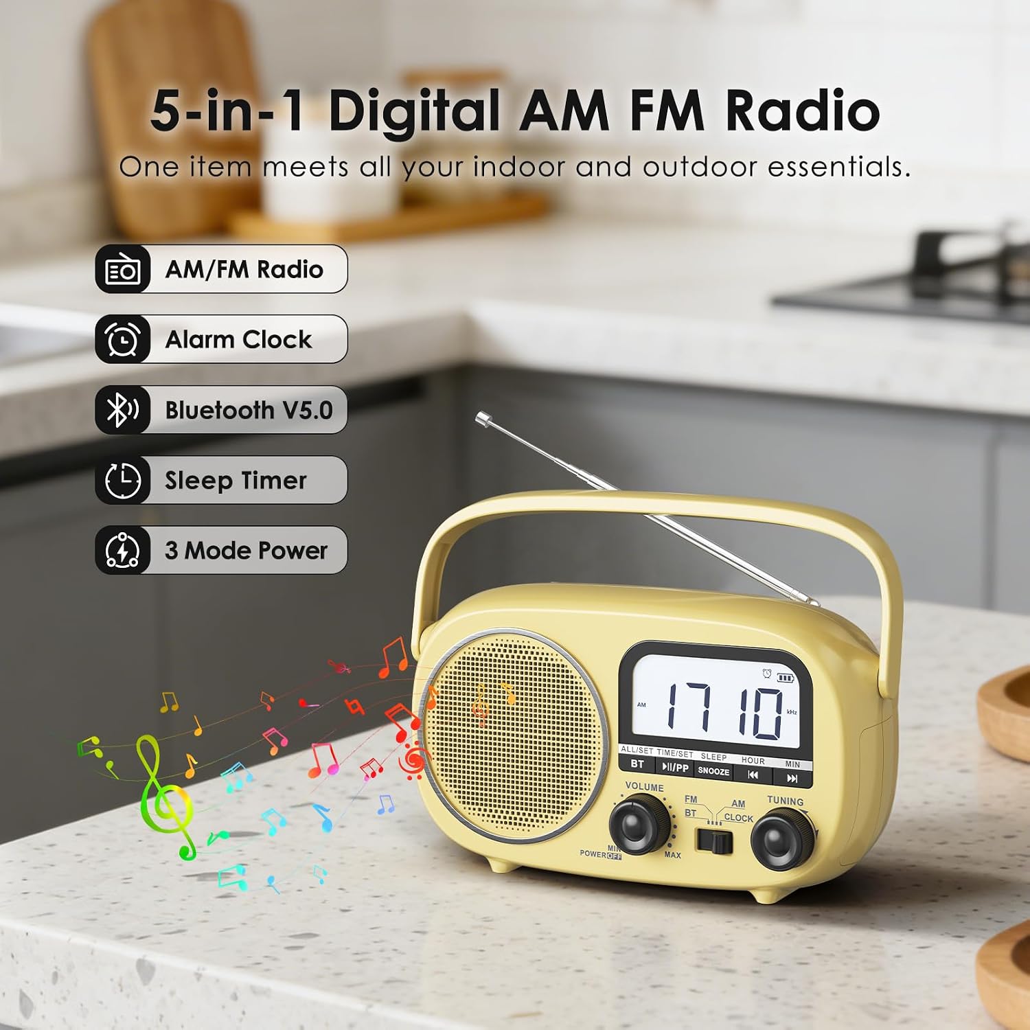 Portable Radio AM FM with Bluetooth,Built-in Rechargeable Battery/Plug in Wall/4*D Cell Battery Operated, Digital Time Display, Transistor Radio for Home,Outdoor,Gift,Seniors (Yellow)