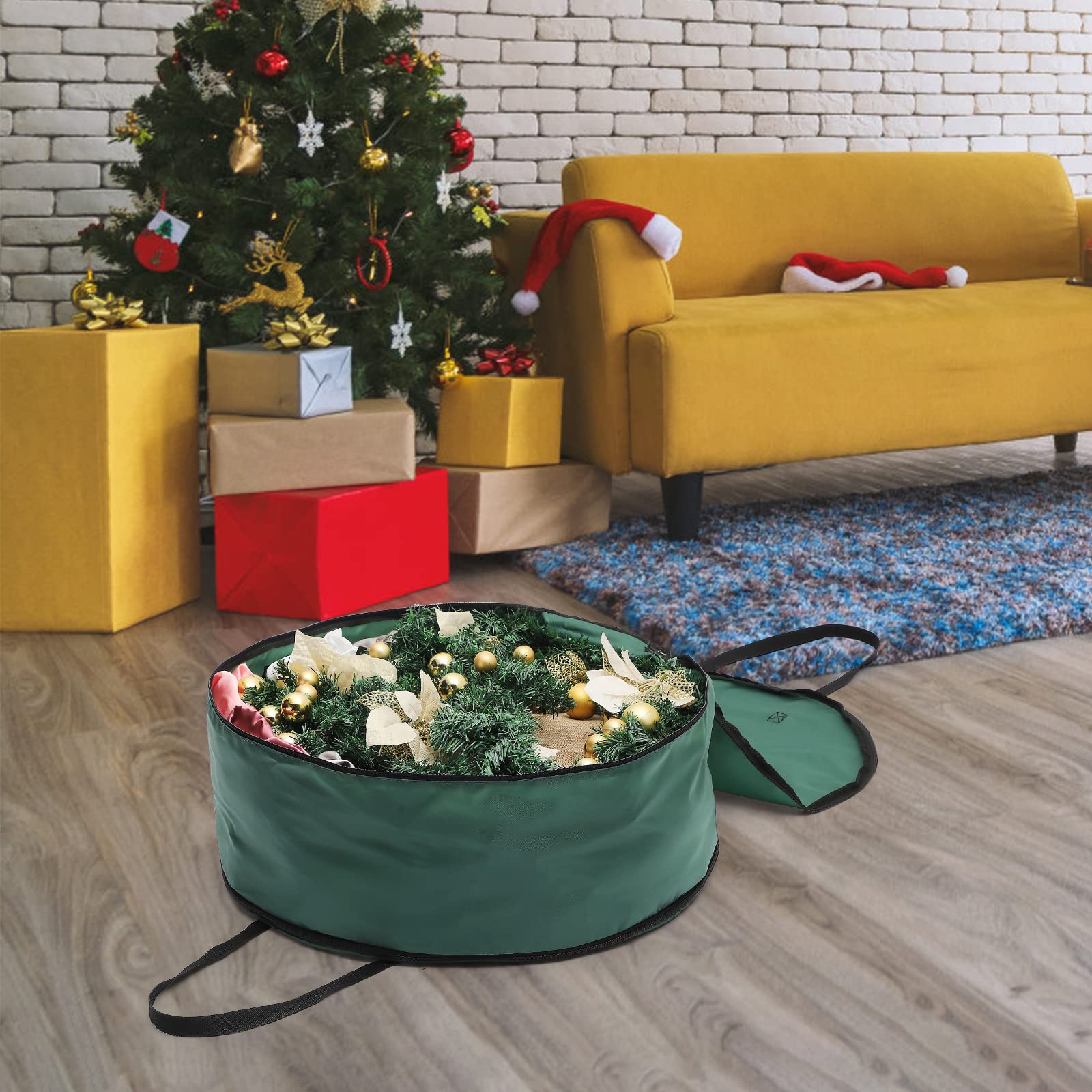 Christmas Wreath Storage Bag,Wreath Storage Container Sturdy Handles Round Zippered Storage Bags for Wreaths Garland Christmas Tree Holiday Supplies,30x16 inch(Green)