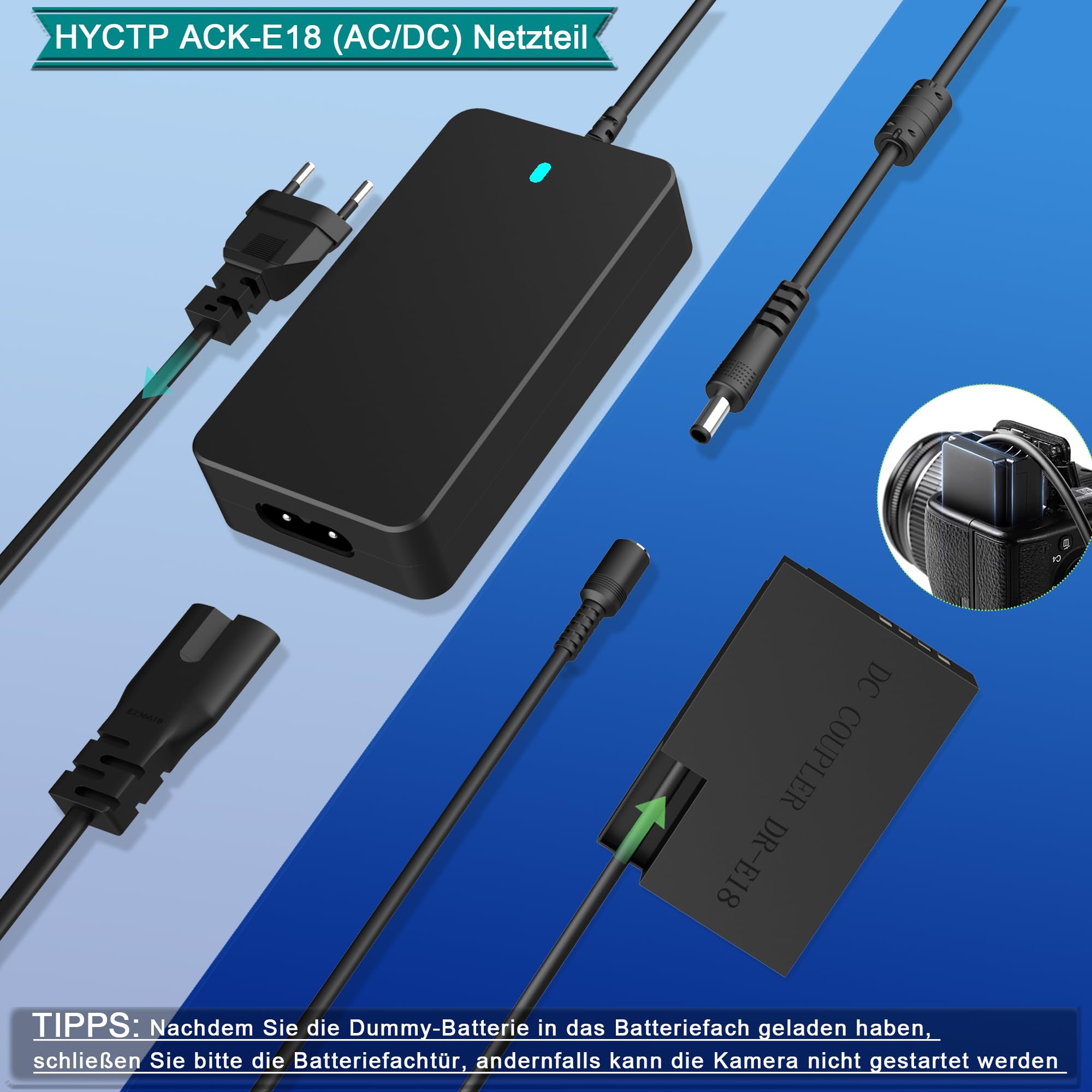 ACK-E18 Netzadapter DR-E18 DC Koppler Dummy Batterie Kit LP-E17 Batterie für Canon EOS Rebel T6i T7i T8i SL2 SL3 T6s X8i X9i X9 X10 EOS RP R8 R10 R50 R100 77D 200D 250D 750D 800D 850D 9000D Kamera