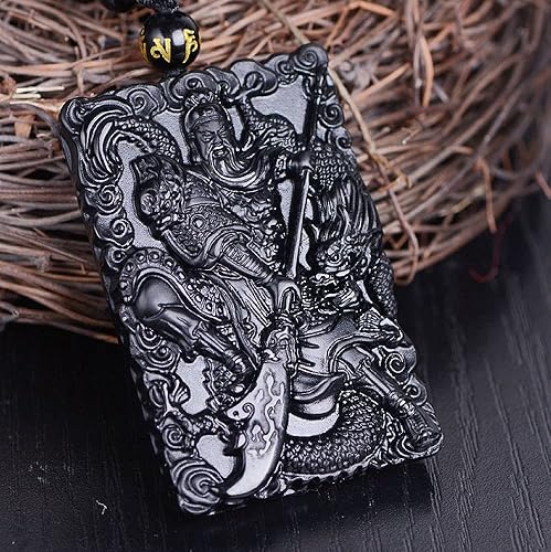 Miniatura 6 de Collar de obsidiana negra natural Dragon Guan Gong guan yu Collar Hold espada ancha Colgante con cadena ajustable, Gema, Obsidiana
