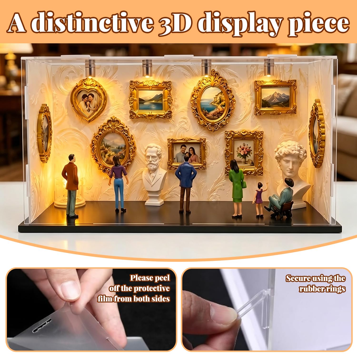 Mini boîte de silhouette de musée à faire soi-même Contient 6 figurines, 9 cadres dorés et 2 sculptures, Vitrine de Cadre de boîte d’Ombres éclairée personnalisée pour Anniversaire,Mariage, Décoration