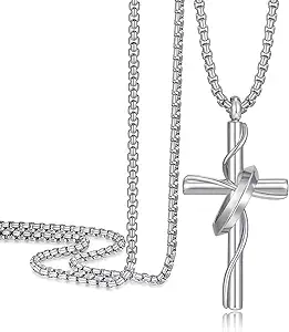 Cross Necklace for Men, Stainless Steel Christian Cross Pendant Necklaces for Men, Silver Chain Necklace for Men, Fade-Resistant, Stylish Jewelry Gift for Him