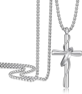 Cross Necklace for Men, Stainless Steel Christian Cross Pendant Necklaces for Men, Silver Chain Necklace for Men, Fade-Resistant, Stylish Jewelry Gift for Him