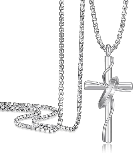 Cross Necklace for Men, Stainless Steel Christian Cross Pendant Necklaces for Men, Silver Chain Necklace for Men, Fade-Resistant, Stylish Jewelry Gift for Him