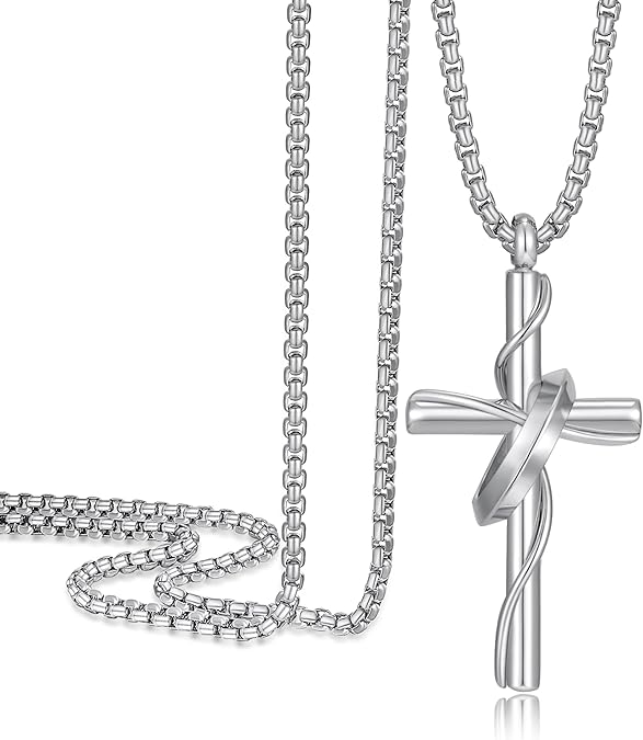 Cross Necklace for Men, Stainless Steel Christian Cross Pendant Necklaces for Men, Silver Chain Necklace for Men, Fade-Resistant, Stylish Jewelry Gift for Him