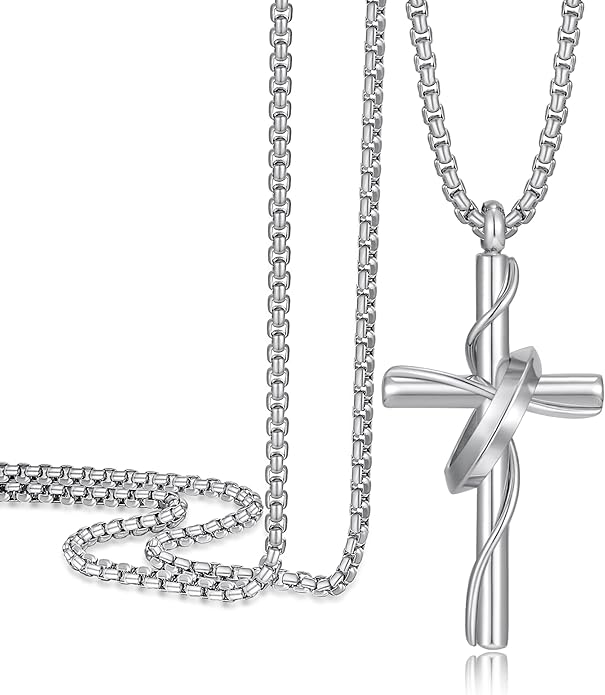 Cross Necklace for Men, Stainless Steel Christian Cross Pendant Necklaces for Men, Silver Chain Necklace for Men, Fade-Resistant, Stylish Jewelry Gift for Him