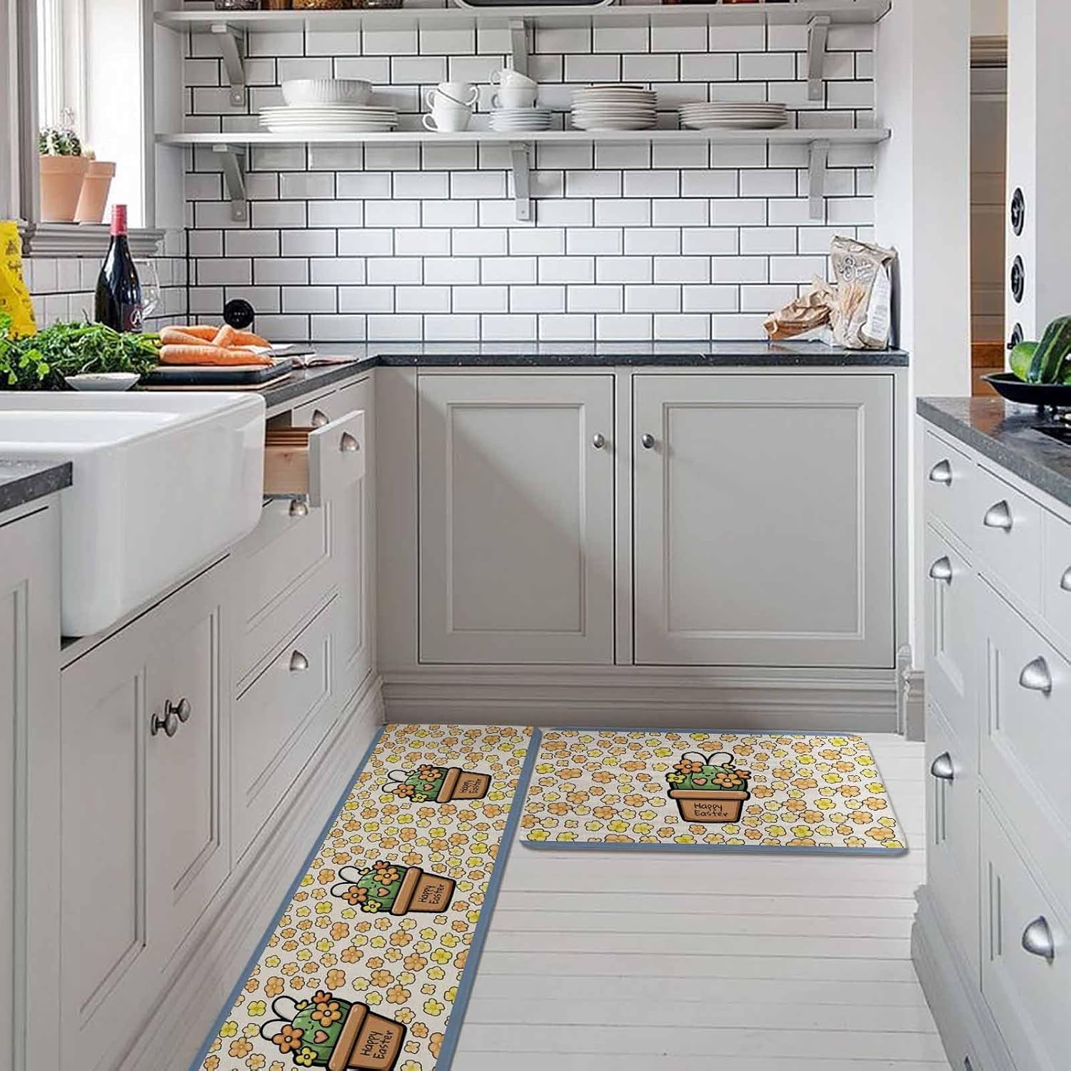 Easter Kitchen Rugs and Mats Set of 2, Non-Slip Kitchen Sink Mat, Bunny Ears Spring Yellow Flowers Potted Plant Rustic Washable Doormat Bathroom Rugs Runner for Bedroom 23.6"x35.4"+23.6"x70.9"