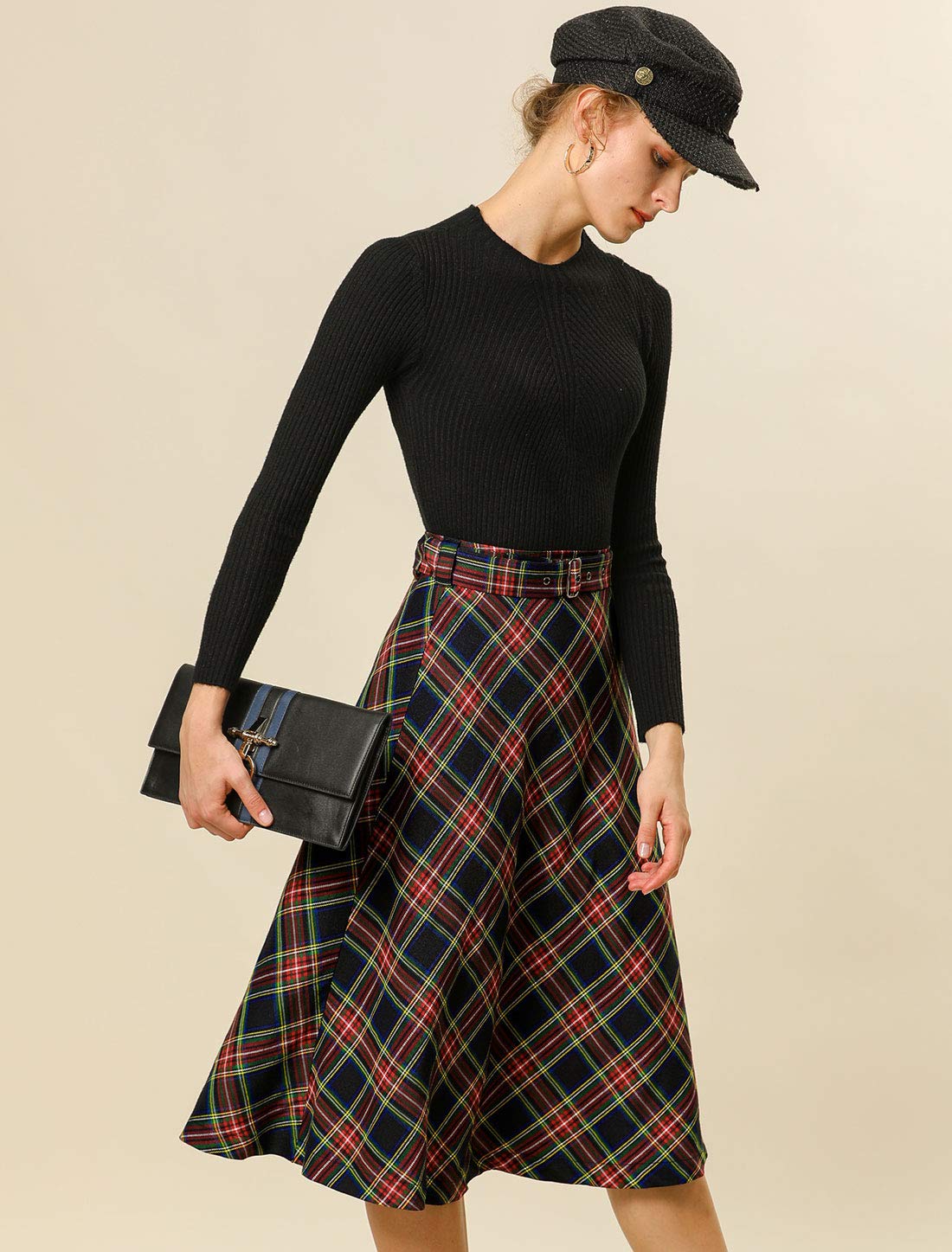 Allegra K Tartan Plaid High Waist Midi Skirt A-Ligne Femme (Lot de 1)