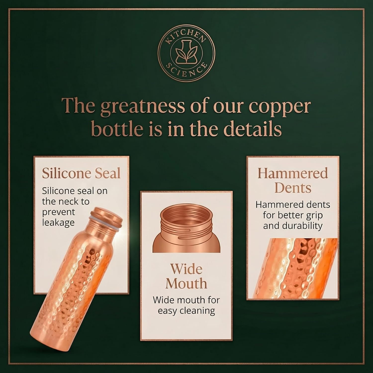 Kitchen Science- Copper Craft 34oz Copper Water Bottle with Canvas Bag – Lab-Tested, Leak-Proof, Heavy Duty, Ayurvedic Drinking Bottle