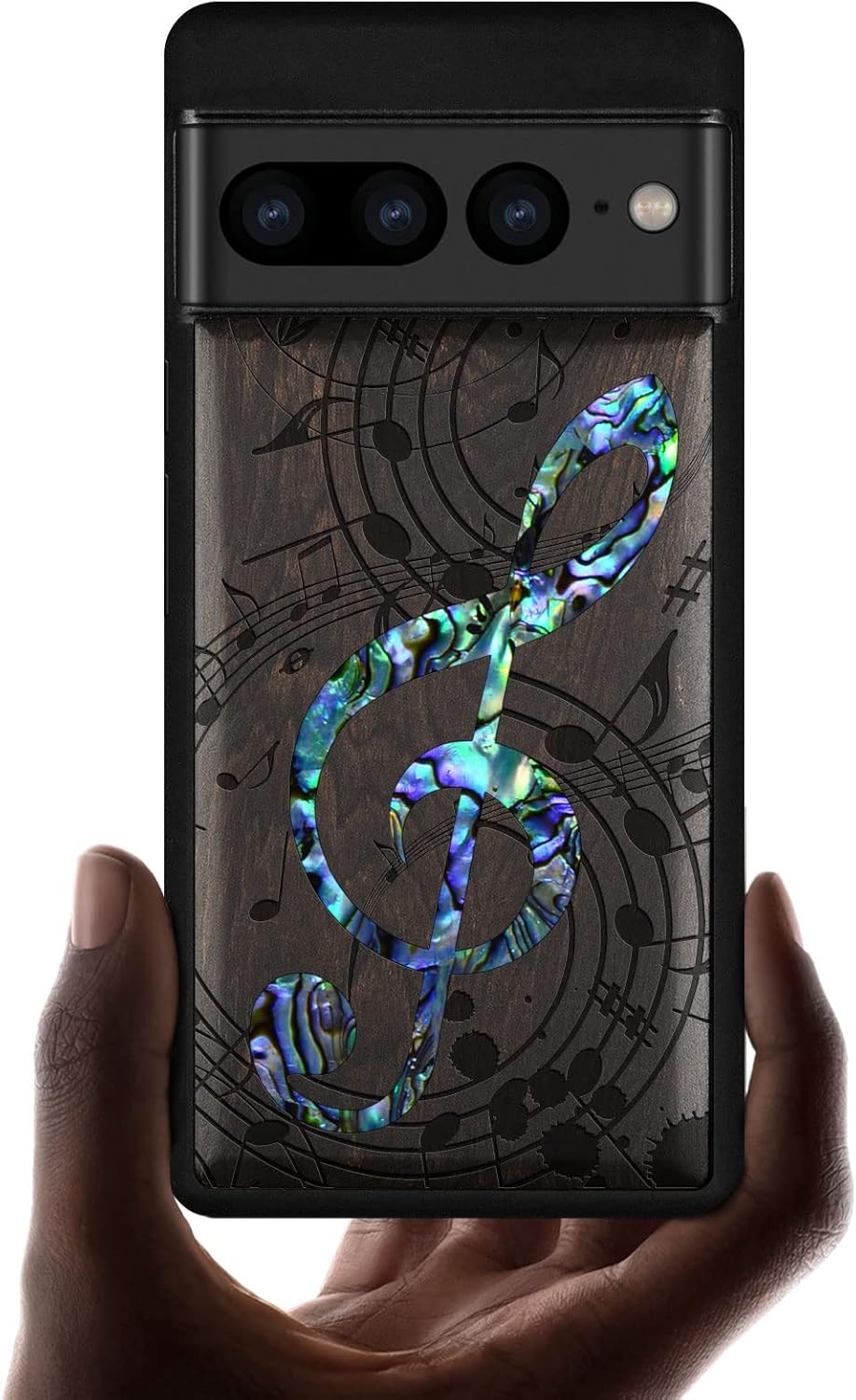 Carveit Designer Wooden Case for Google Pixel 7 Pro Case [Wood Engraving & Shell Inlay] Unique Wood Cover Compatible with Wireless Chargers Pixel 7 Pro (Musical Note-Blackwood)