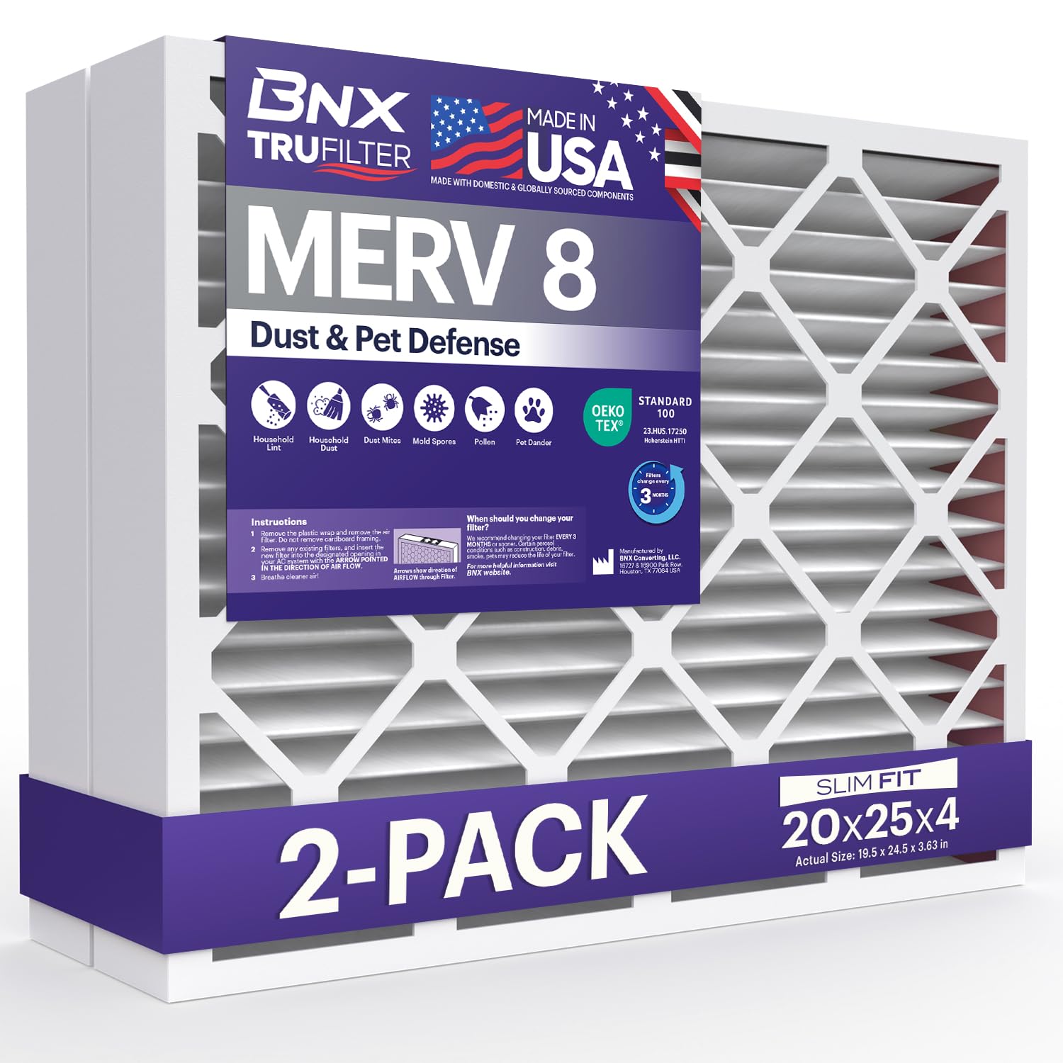 BNX TruFilter 20x25x4 (19.5’’ x 24.5’’ x 3.63‘’ Slim Fit) MERV 8 Air Filter 2-Pack - MADE IN USA - Air Conditioner Furnace Filters HVAC AC Furnace Filters for Dust, Pet, Mold, Pollen MPR 600-700 FPR 5