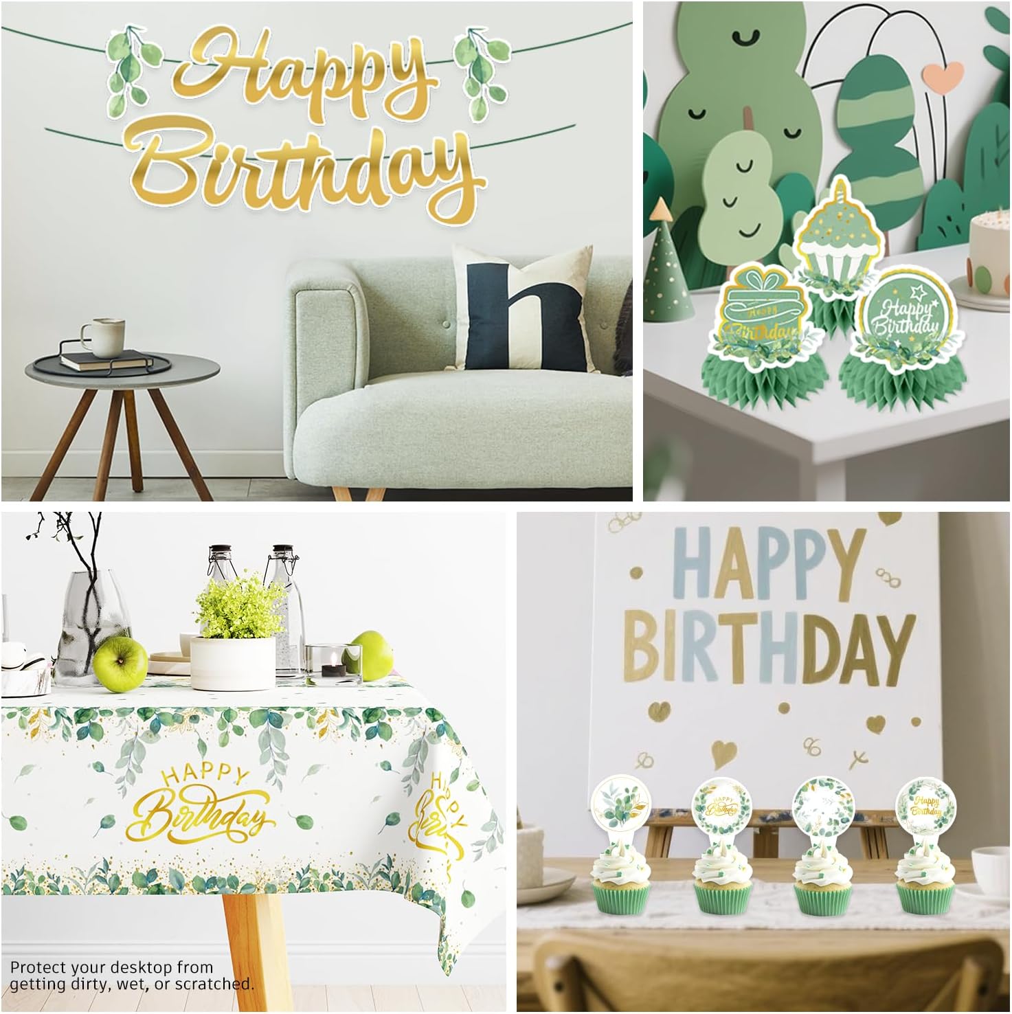 362 pcs Sage Green Birthday Decorations Plates and Napkins Set, Gold and Green Eucalyptus Flowers Birthday Banner Balloons Cake Topper Greenery Tablecloth Decorations Sage Green Serve 50 Guests