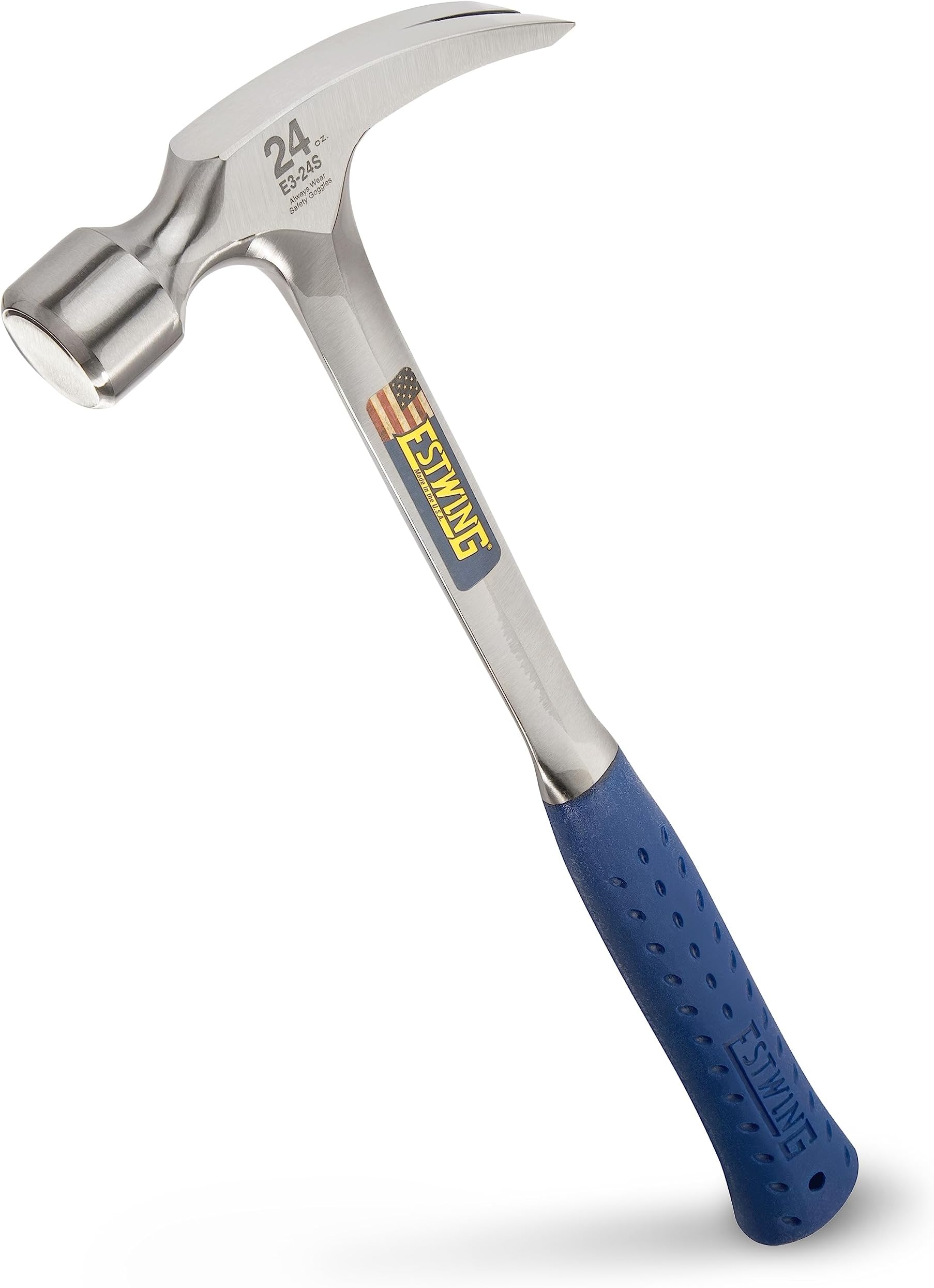 Framing Hammer - 24 oz USA Made Long Handle Straight Rip Claw Hammer with Smooth Face & Shock Reduction Grip - E3-24S
