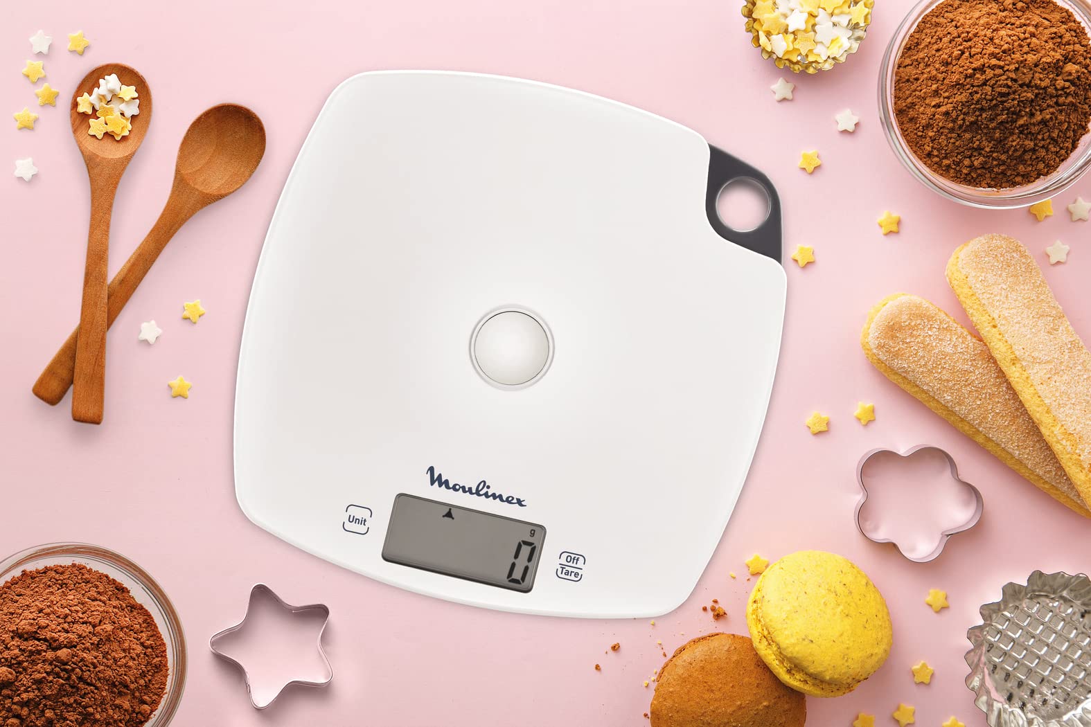 Moulinex BN1000 Compliss - Báscula de cocina, capacidad de hasta 5 kg, pantalla LCD, función Tara, gancho para colgar, color blanco