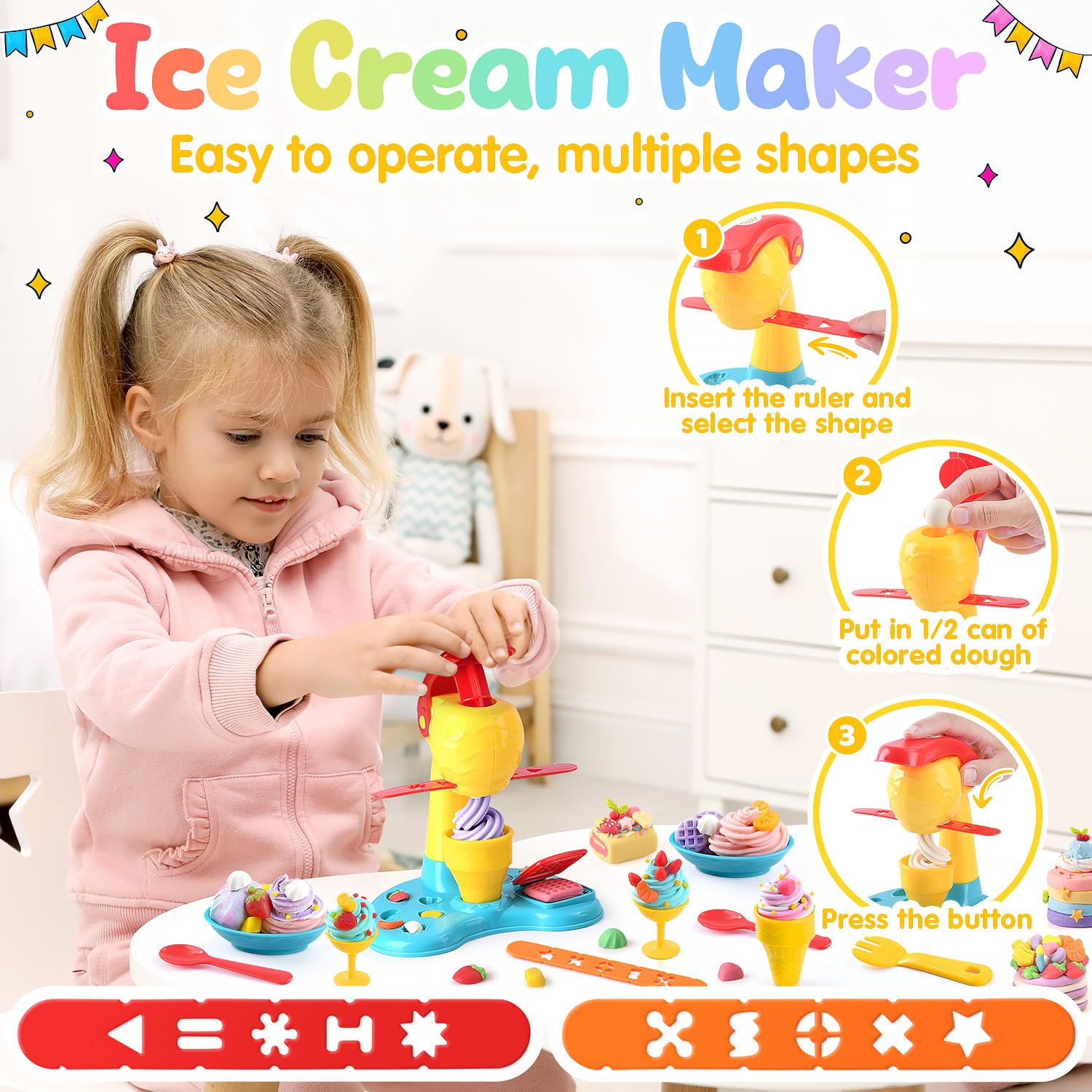 PLAY 2 in 1 Color Dough Kitchen Creations Set, Ice Cream Noodle Maker Color Dough Sets for Kids Ages 4-8, Kitchen Food Toys for Boys Girls Kids Toddlers Ages 3+, with 18 oz Multicolor Clay
