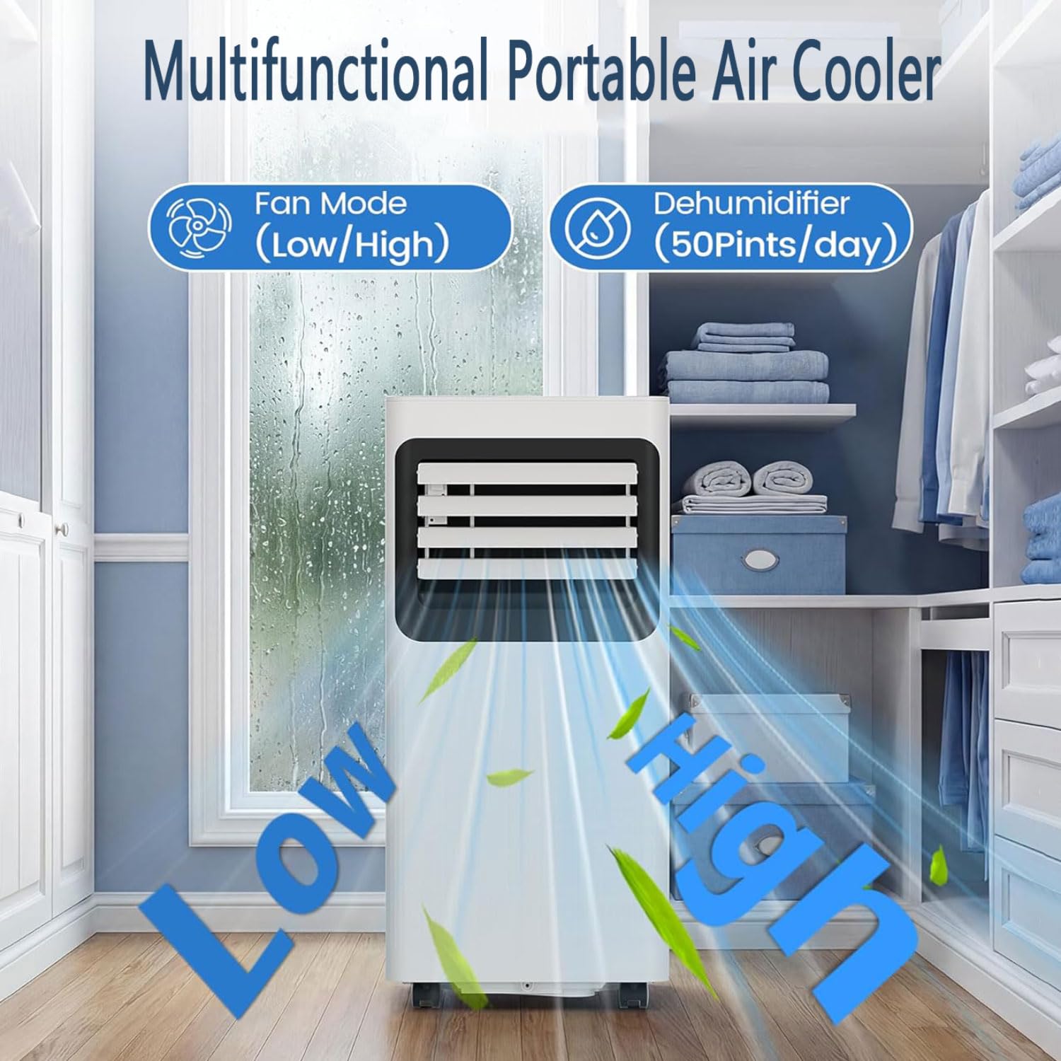 Tragbare Klimaanlage, 7000 BTU AC-Einheit, kühlt bis zu 32,5 m², leise Klimaanlage mit Ventilator und Luftentfeuchter, Fernbedienung, 24-Stunden-Timer, komplettes Fenster-Installationsset für