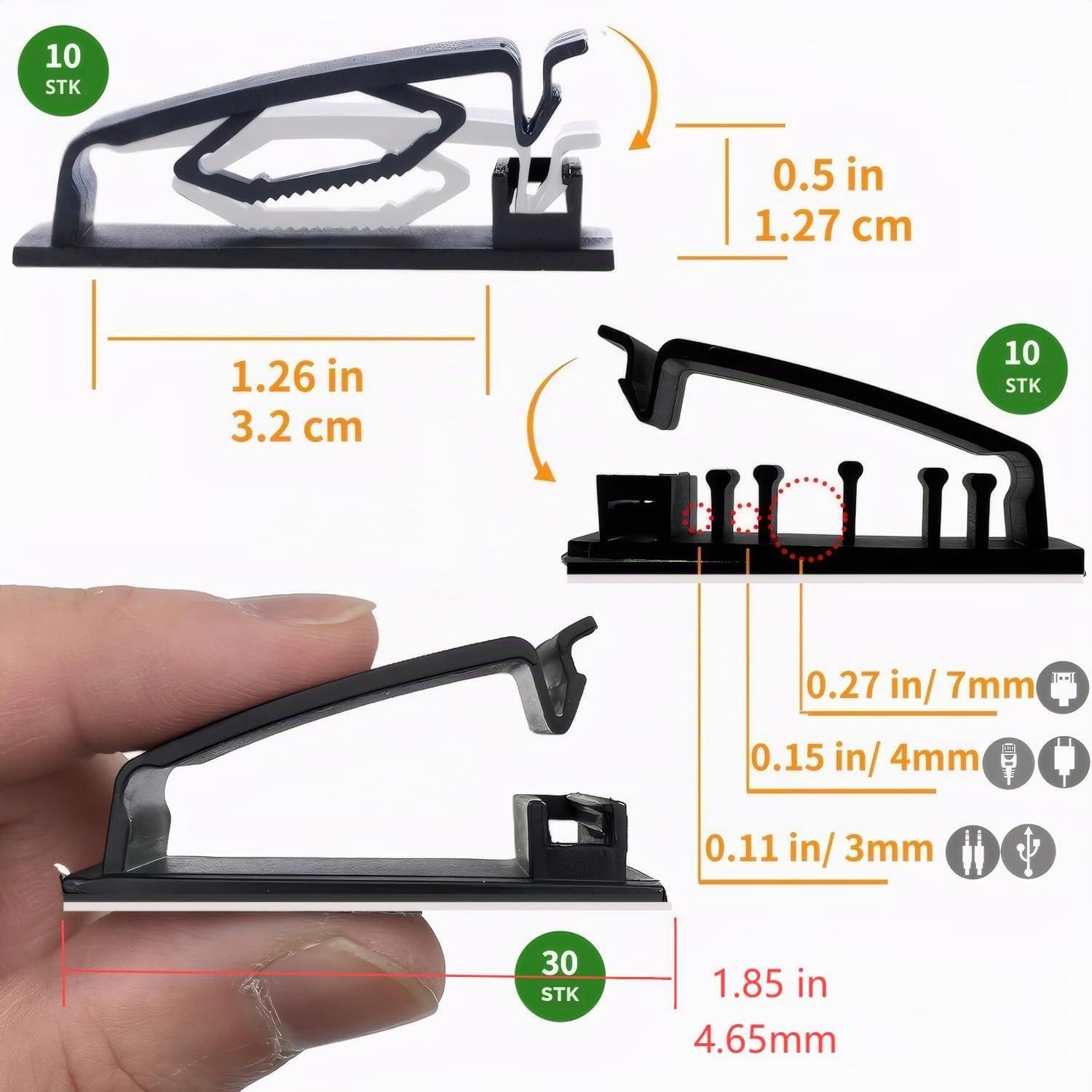 Kabelclips, 50 Stück, selbstklebende Kabelmanagement-Clips, Kabel-Organizer, Drahtclips, Kabelhalter für Geräte, PC, Wand, Ethernet, Kabel unter dem Schreibtisch, Nachttisch, Heimbüro, Auto (schwarz)
