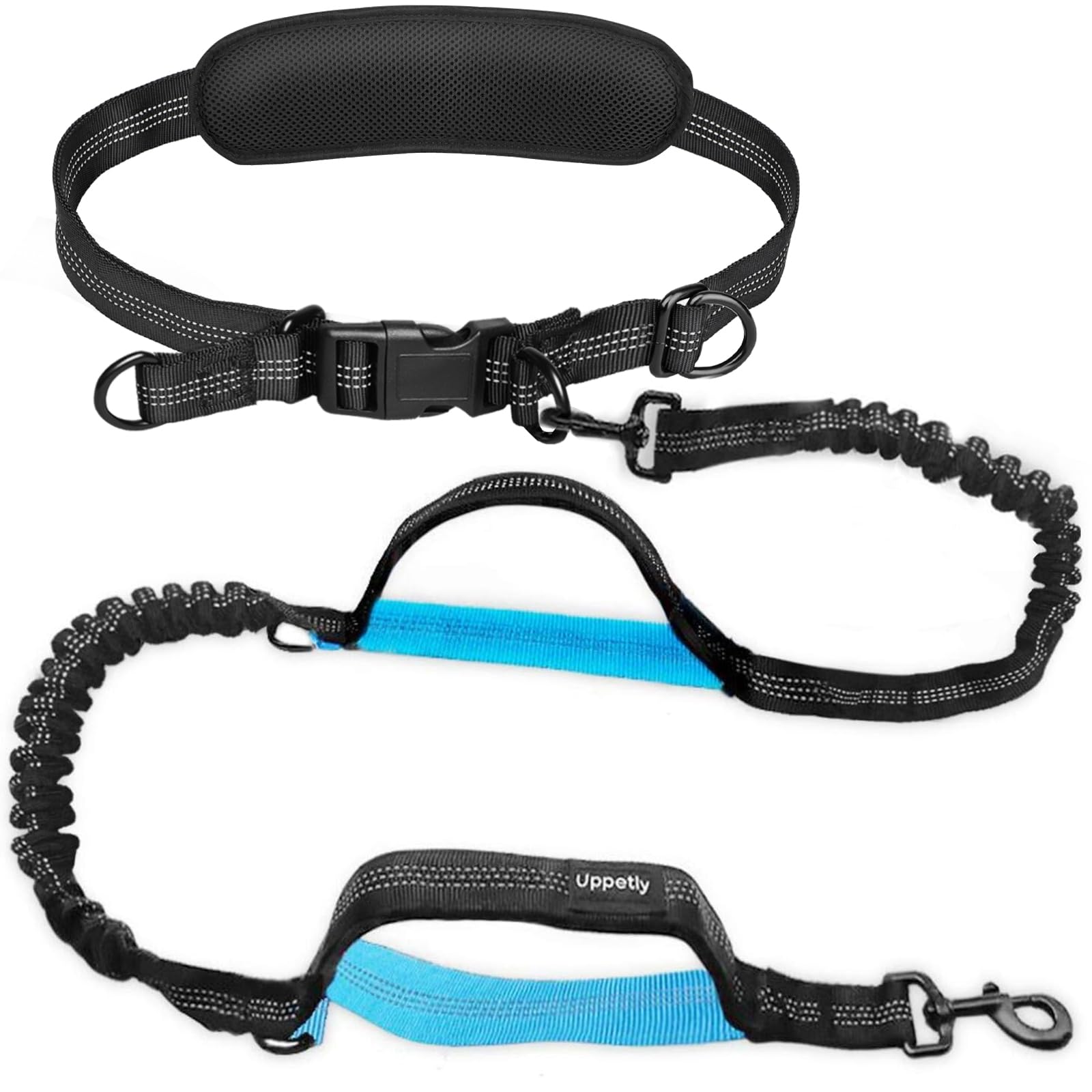Uppetly Hands Free Dog Running Leash with Adjustable Waist Belt, Dual Handle Elastic Bungees Retractable Rope for Small and Medium Dogs, Reflective Stitches for Walking Hiking Biking (Large, 25-120lb)